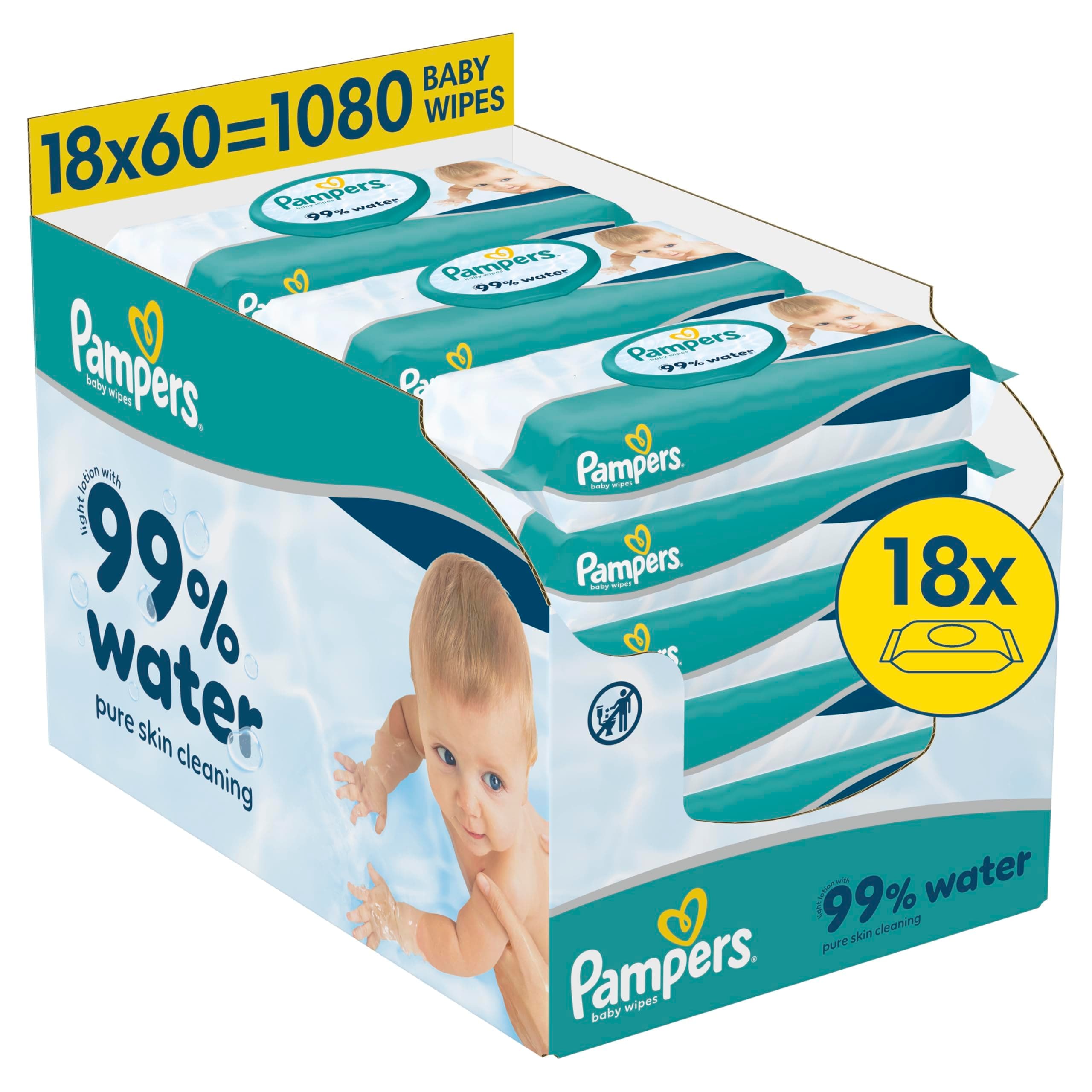 Pampers 99% Water Baby-Feuchttücher, 18 Packungen mit 60 Feuchttüchern = 1080 Baby-Feuchttücher, leichte Lotion mit 99% Wasser