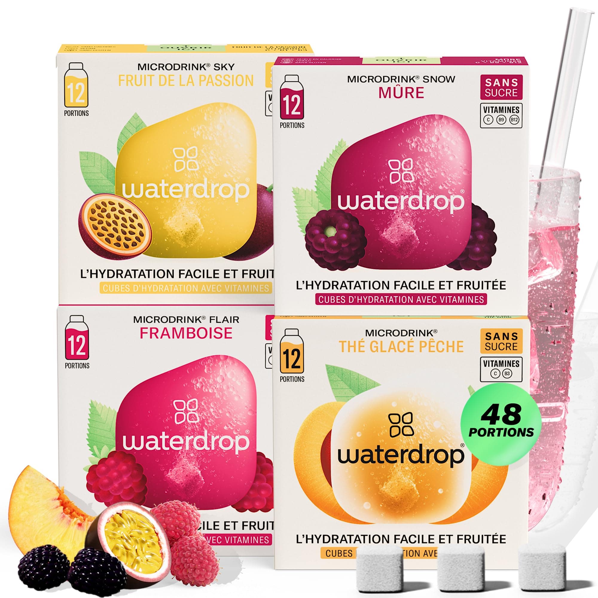 waterdrop® Coffret Microdrink | 48 waterdrop boisson en cube effervescente en 4 saveurs | Extraits naturels de fruits et de plantes | Avec vitamines | Boisson sans sucre | Eau aromatisée en pastille