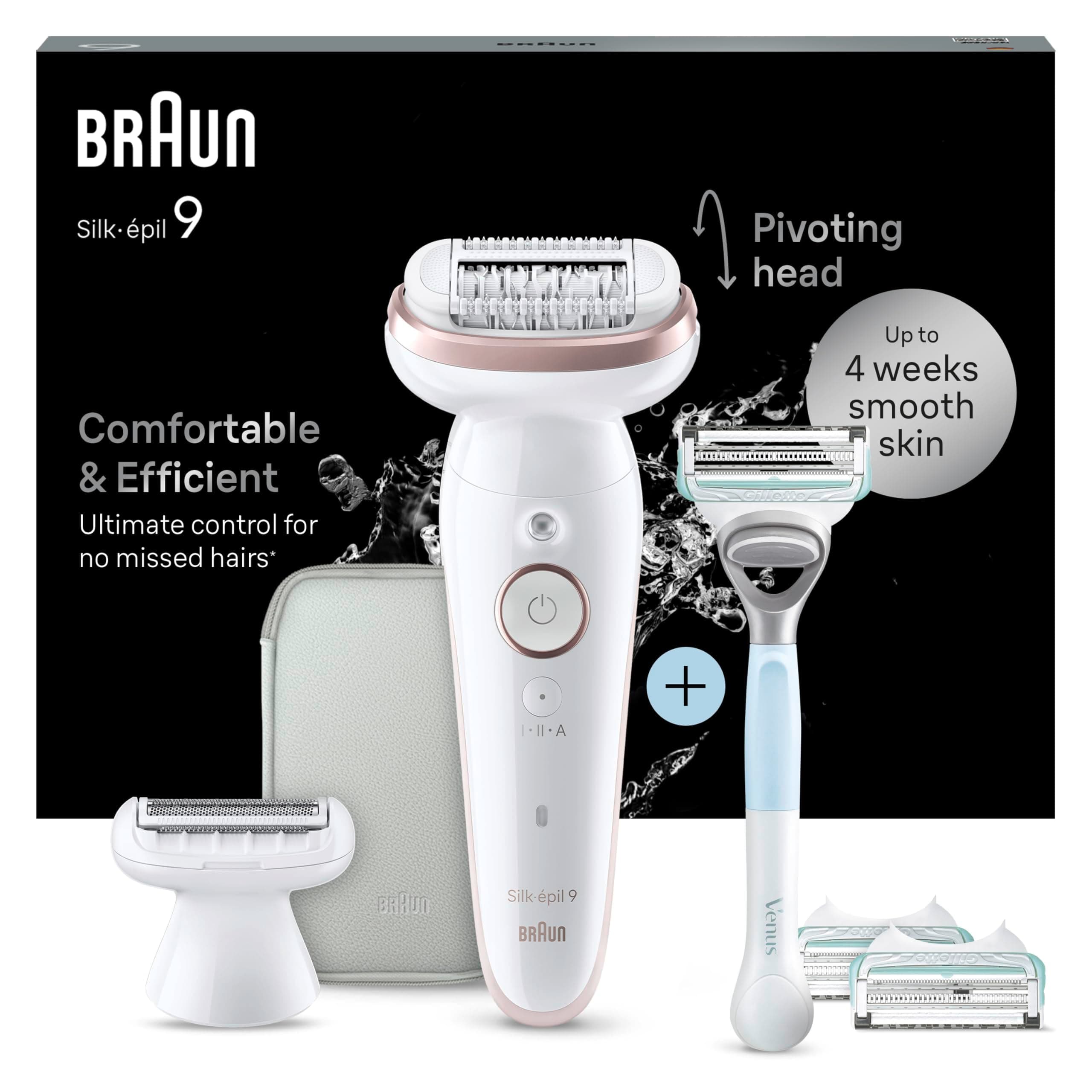 Braun Depiladora Eléctrica Mujer Silk·épil 9 + Maquinilla Venus para Zona Íntima, Resistente al Agua, Depiladora Corporal con Peine Recortador Y Funda, Depilación Suave Duradera, 9-130 Blanco/Flamenco