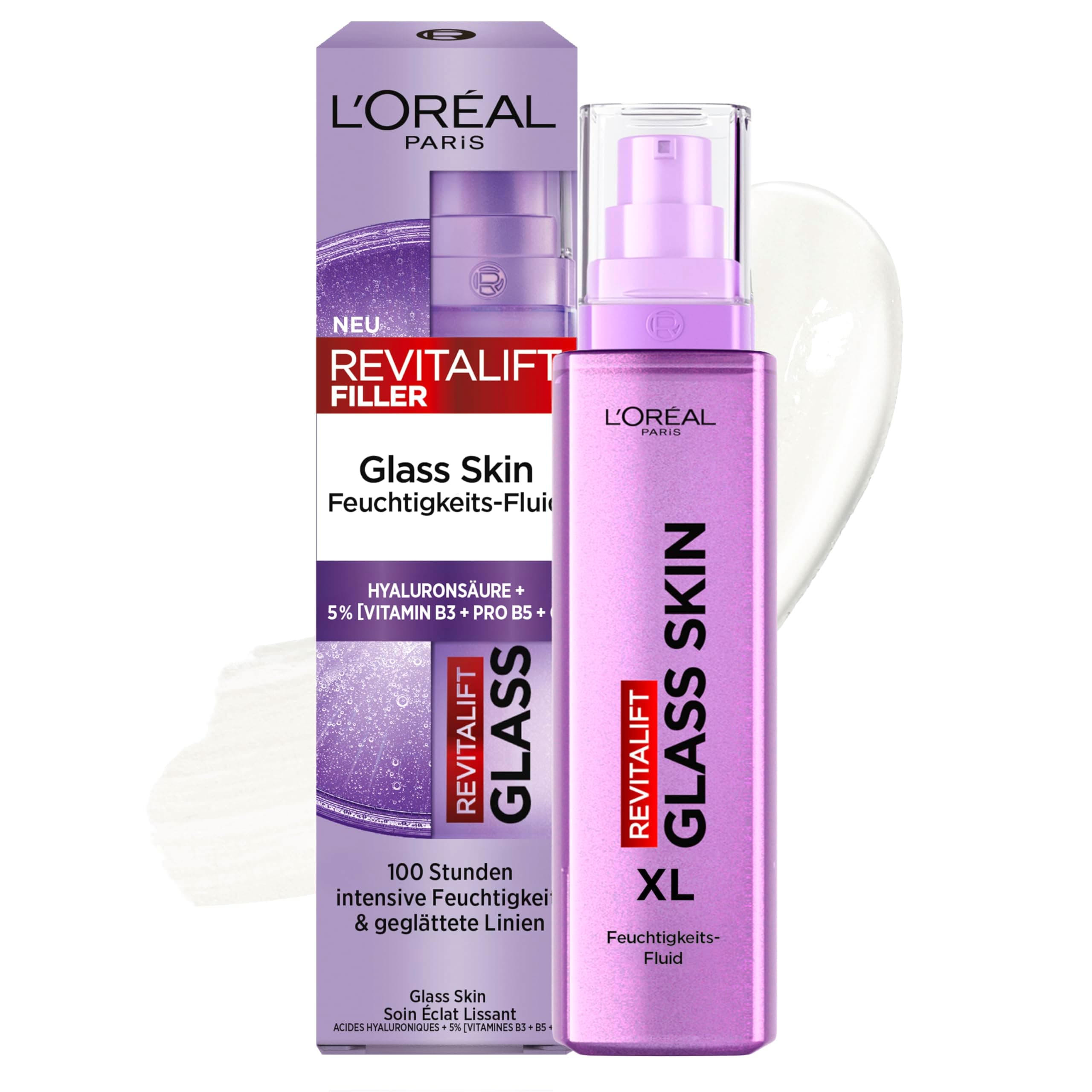 L'Oréal Paris Glass Skin Feuchtigkeits-Fluid, für aufgepolsterte & glowy Haut, mit Hyaluronsäure + 5% [Vitamin B3 + Pro B5 + C], Anti-Aging Gesichtsfluid, [Amazon Exclusive] Revitalift Filler, 70ml