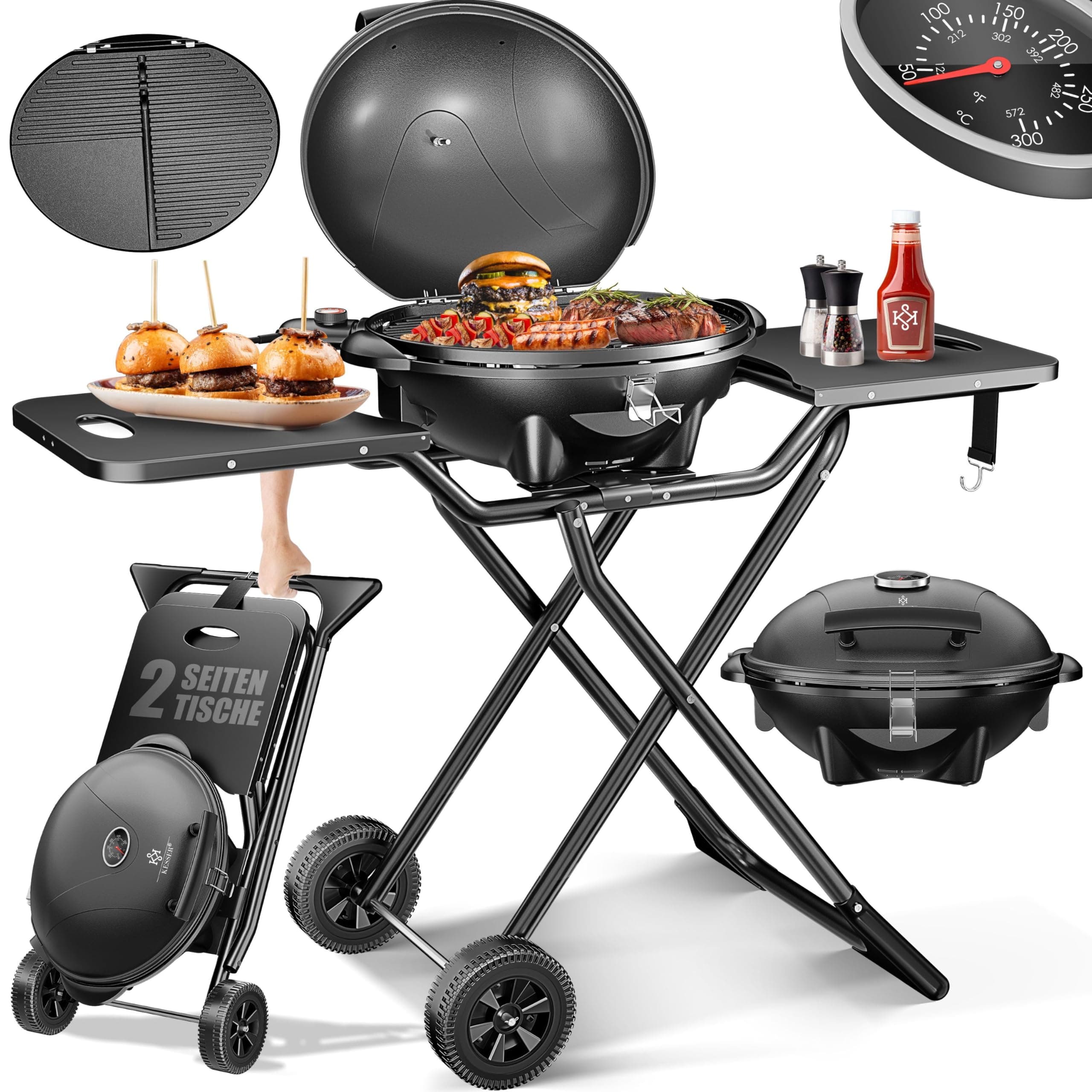 KESSER® Gril électrique | Gril de table 2 en 1 | Barbecue sur gril avec couvercle et pieds | 2400 watts maximum | Pliable | Thermomètre | Revêtement antiadhésif | Plaque pour grillade | noir