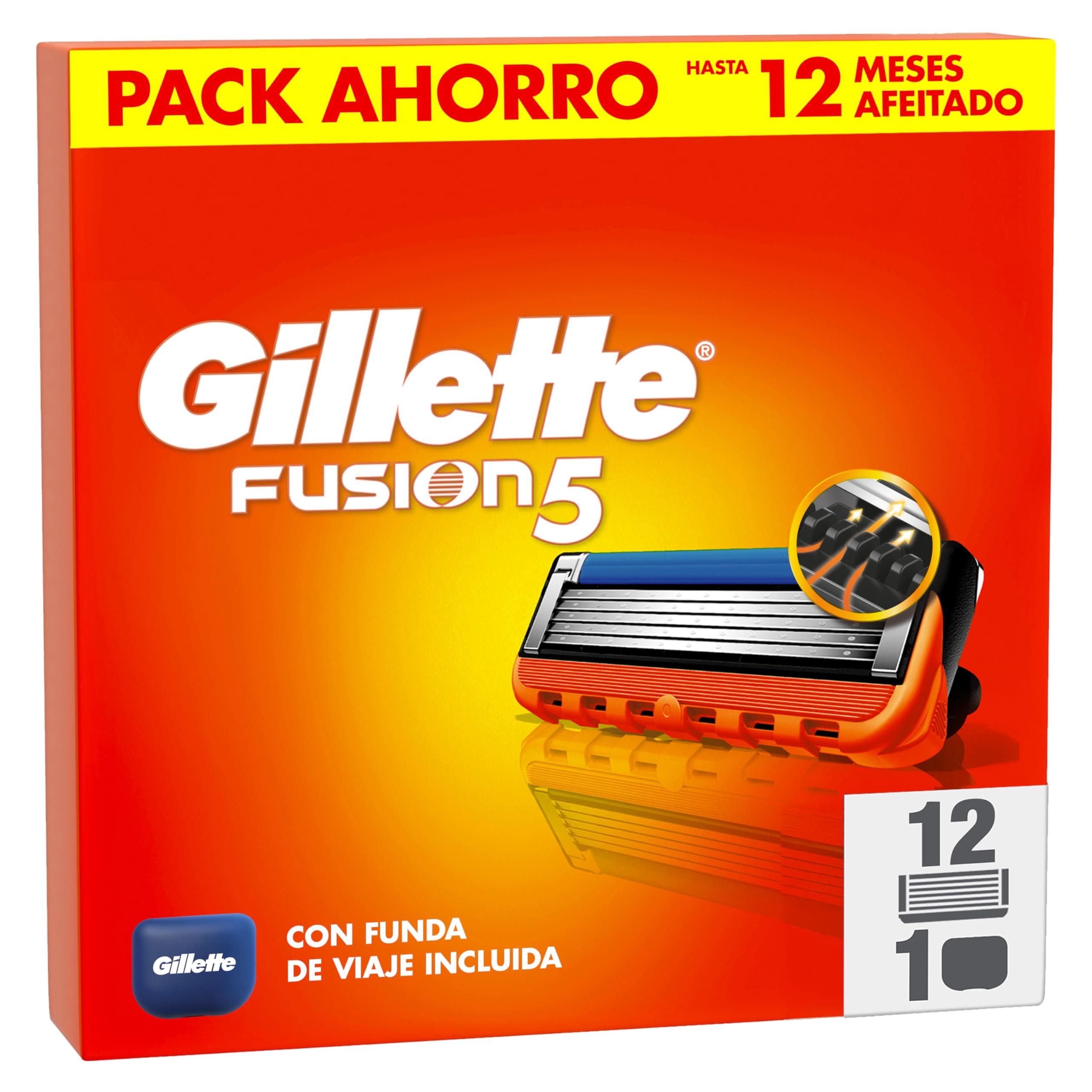 Gillette Fusion5 Recambios para Maquinillas de Afeitar, Pack de 12 Cuchillas de Afeitar con 5 Hojas, Banda de Gel Lubricante Y Recortadora de Precisión