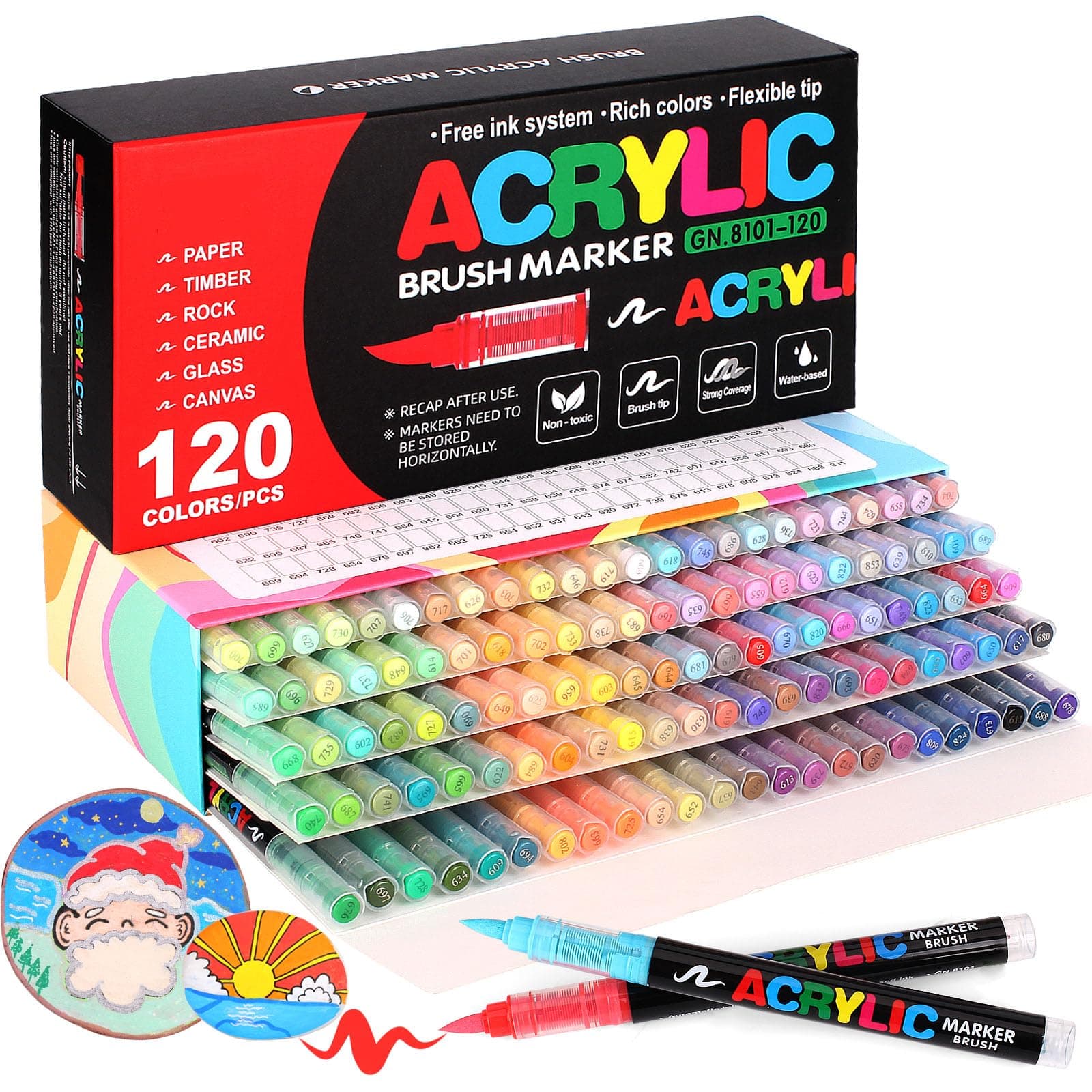 Laconile 120 Couleurs Feutre Acrylique, Stylos Acryliques à Pointe Pinceau pour le Coloriage Adulte ，Acrylic Paint Markers pour Coloriage, Calligraphie, Bois, Toile, Verre, Céramique