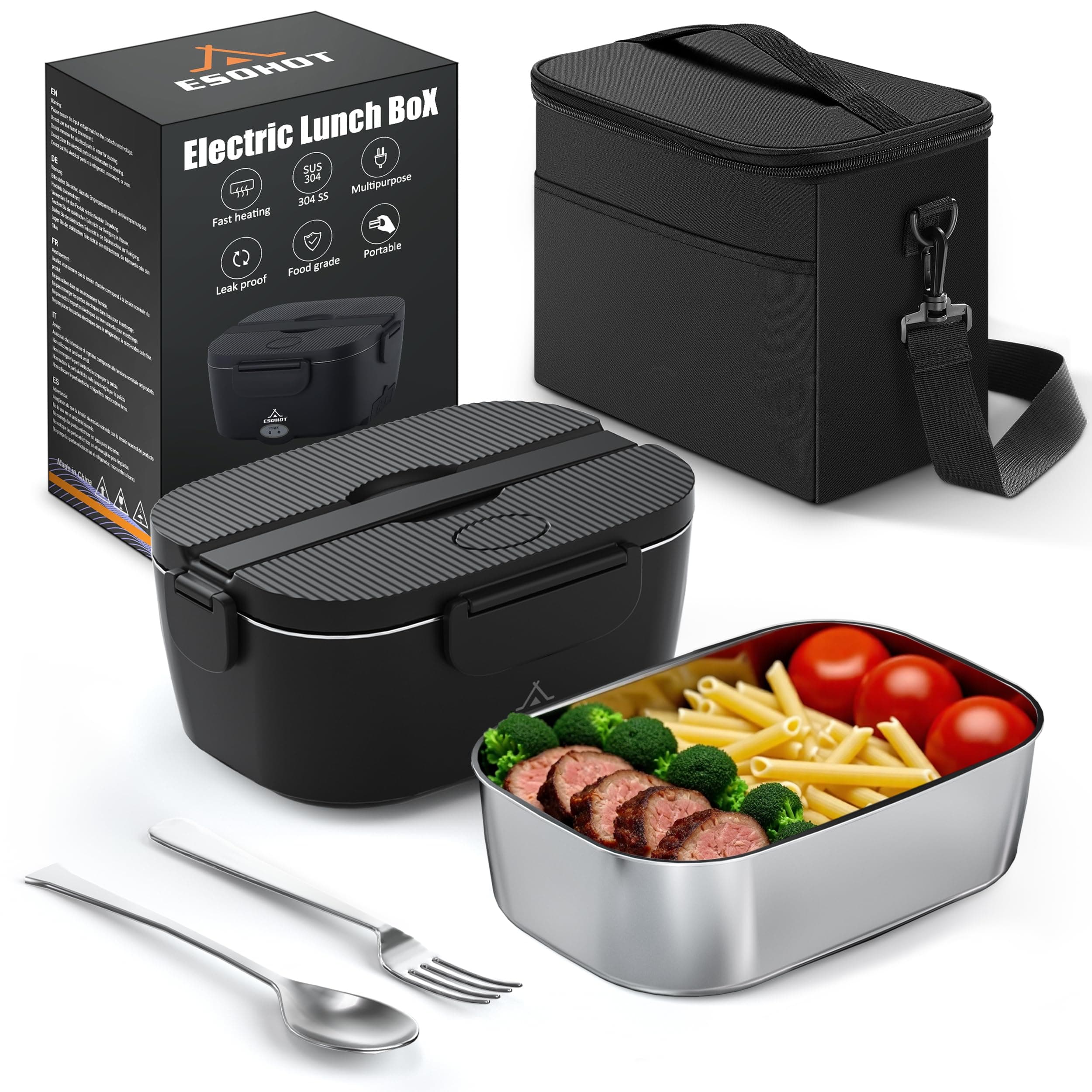 ESOHOT Fiambrera Electrica,120W Taper Electrico para Comida Calentamiento Ultrarrápido 3 en 1 Lonchera Electrica Trabajo 12V/24V/230V Para Viajes, Trabajo, Coche, Camión (1,5L)
