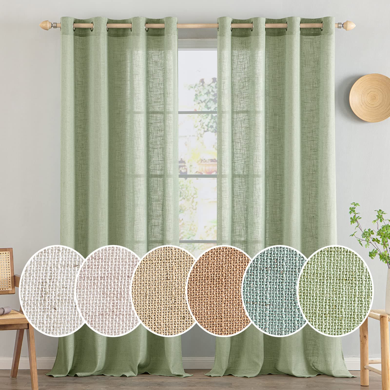 MIULEE Juego de Cortinas de Lino Translúcido de Dos Piezas con Ojales Cortinas Modernas para Dos Puertas de Balcón Cortinas para Salón Dormitorio 225x140cm (HxL) Verde
