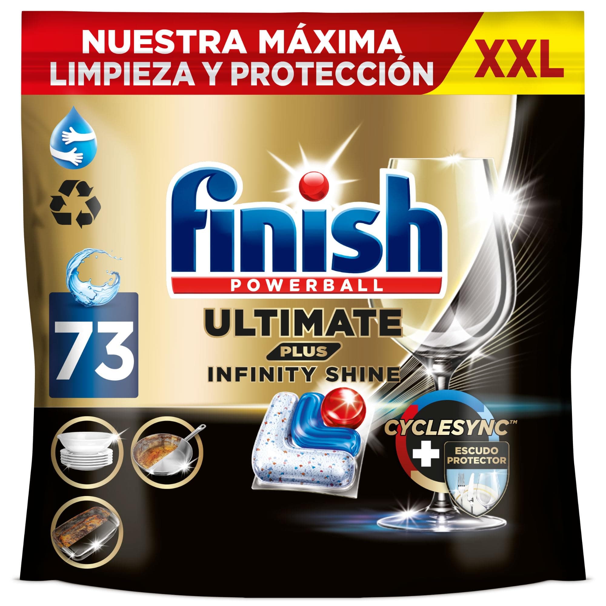 Finish Ultimate Plus Infinity Shine, Pastillas para el Lavavajillas, limpieza y brillo intensivos, y protección del cristal, 73 pastillas