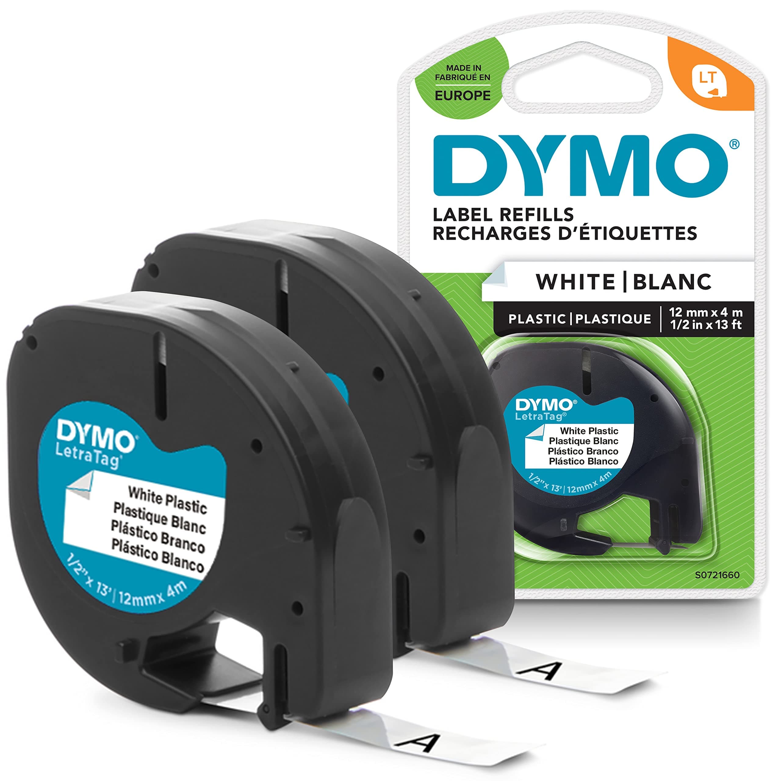 Dymo LetraTag etichette originali in plastica | rotolo da 12 mm x 4 m | stampa nera su bianco | LT etichette autoadesive per etichettatrice LetraTag | 2 pezzi