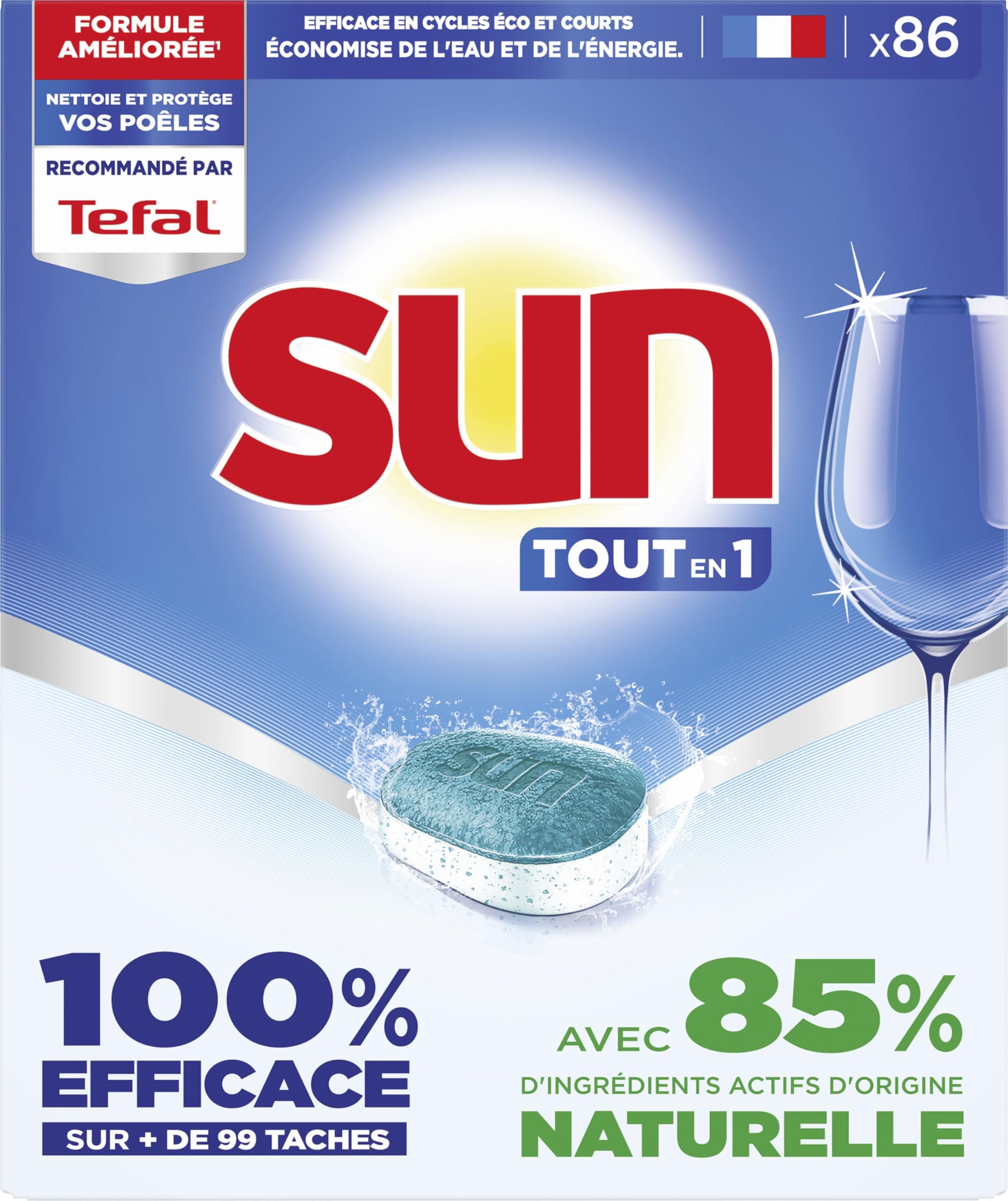 SUN - pastilles lave-vaisselle Tout en 1 Regular - 86 tablettes - avec 85% d'ingrédients d'origine naturelle - 100% efficace sur + de 99 taches - Fabriqué en France
