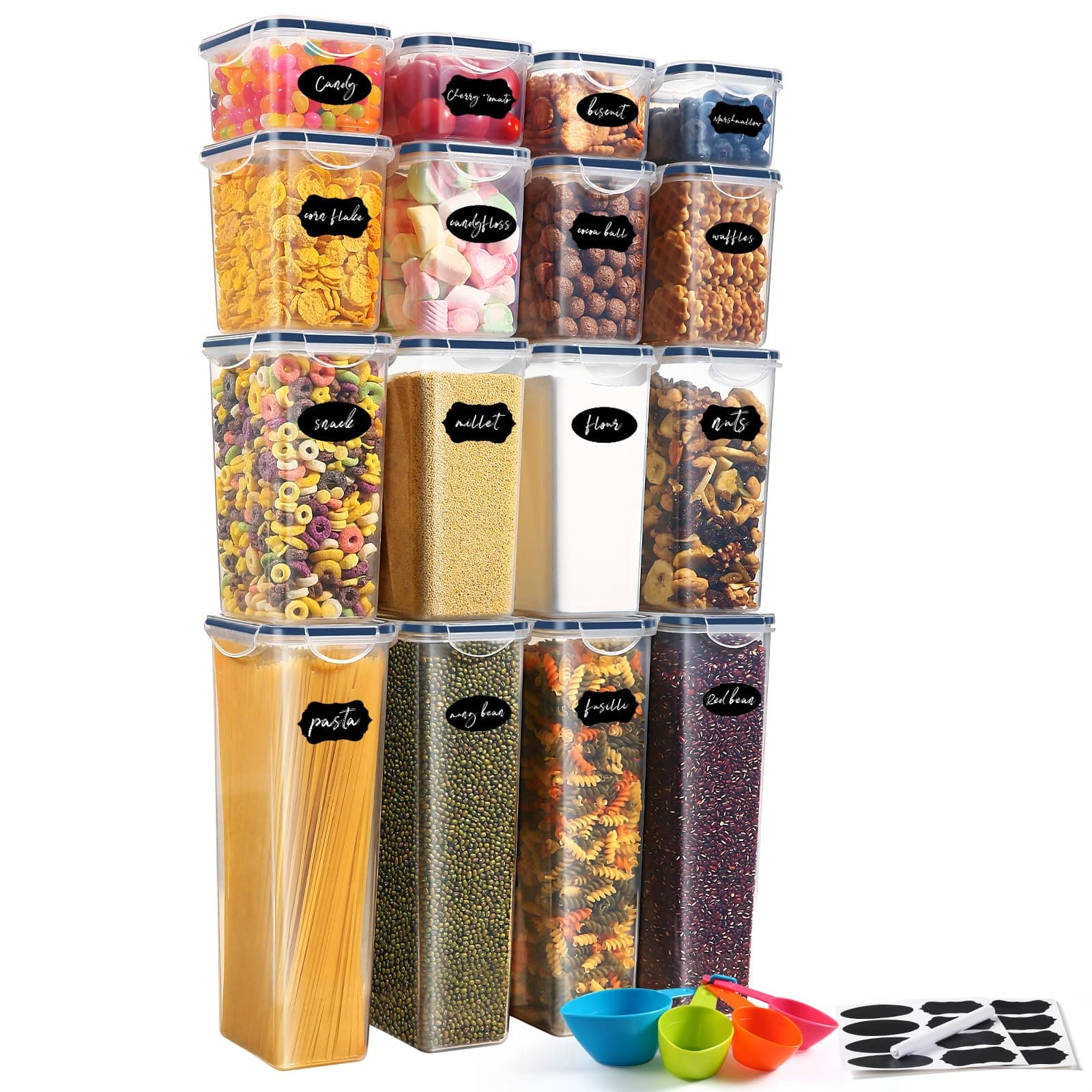 YASHE 16 Pezzi Contenitori Ermetici per Alimenti, Contenitori per Alimenti Plastica, Senza BPA, con Coperchio, Contenitori Cucina di Cereali, Muesli, Farina