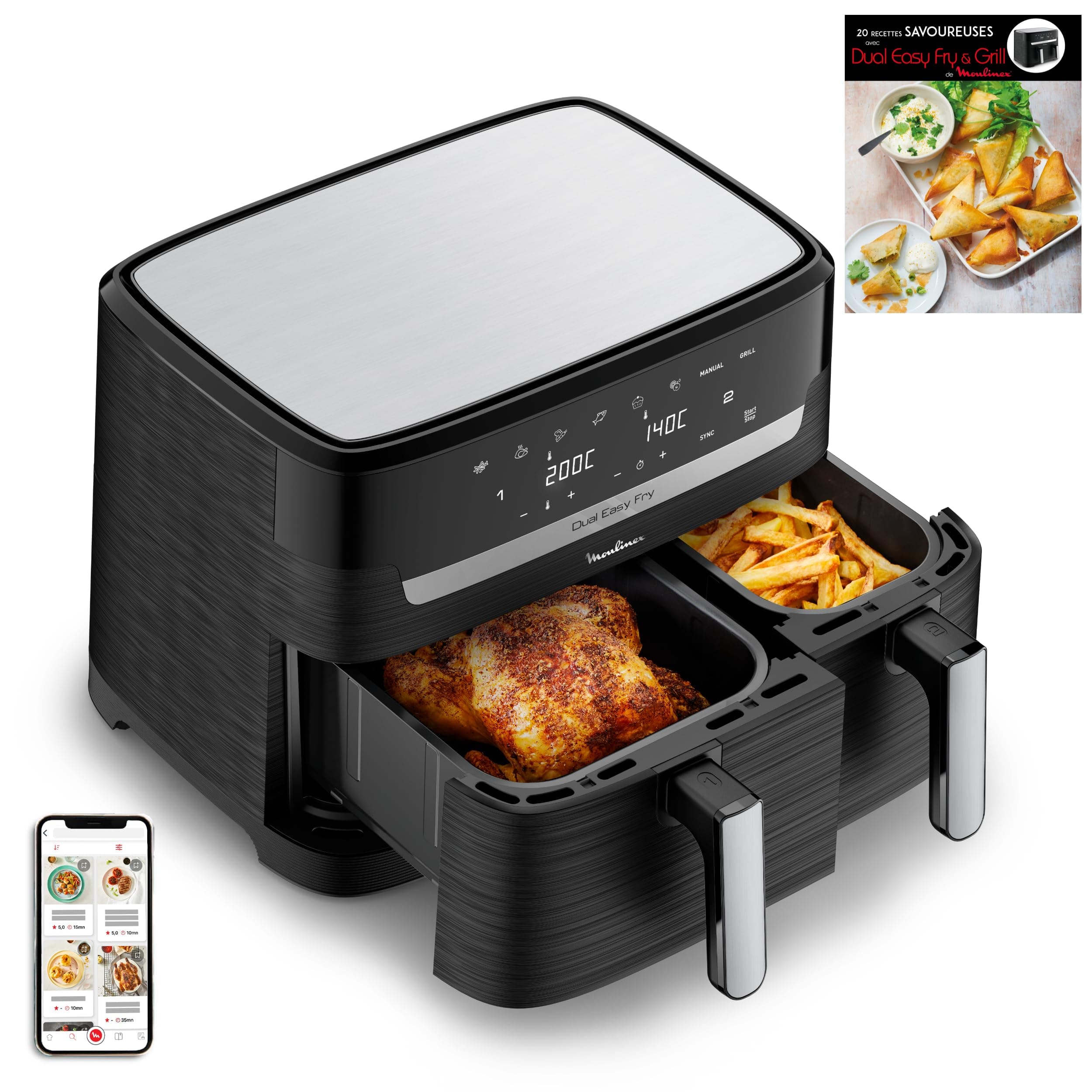 Moulinex air fryer deux compartiments + livre de 20 recettes, Capacité XXL 8,3L, Jusqu'à 8 personnes, 7 Programmes automatiques, Ecran tactile digital, Dual essential inox, YY5545FB