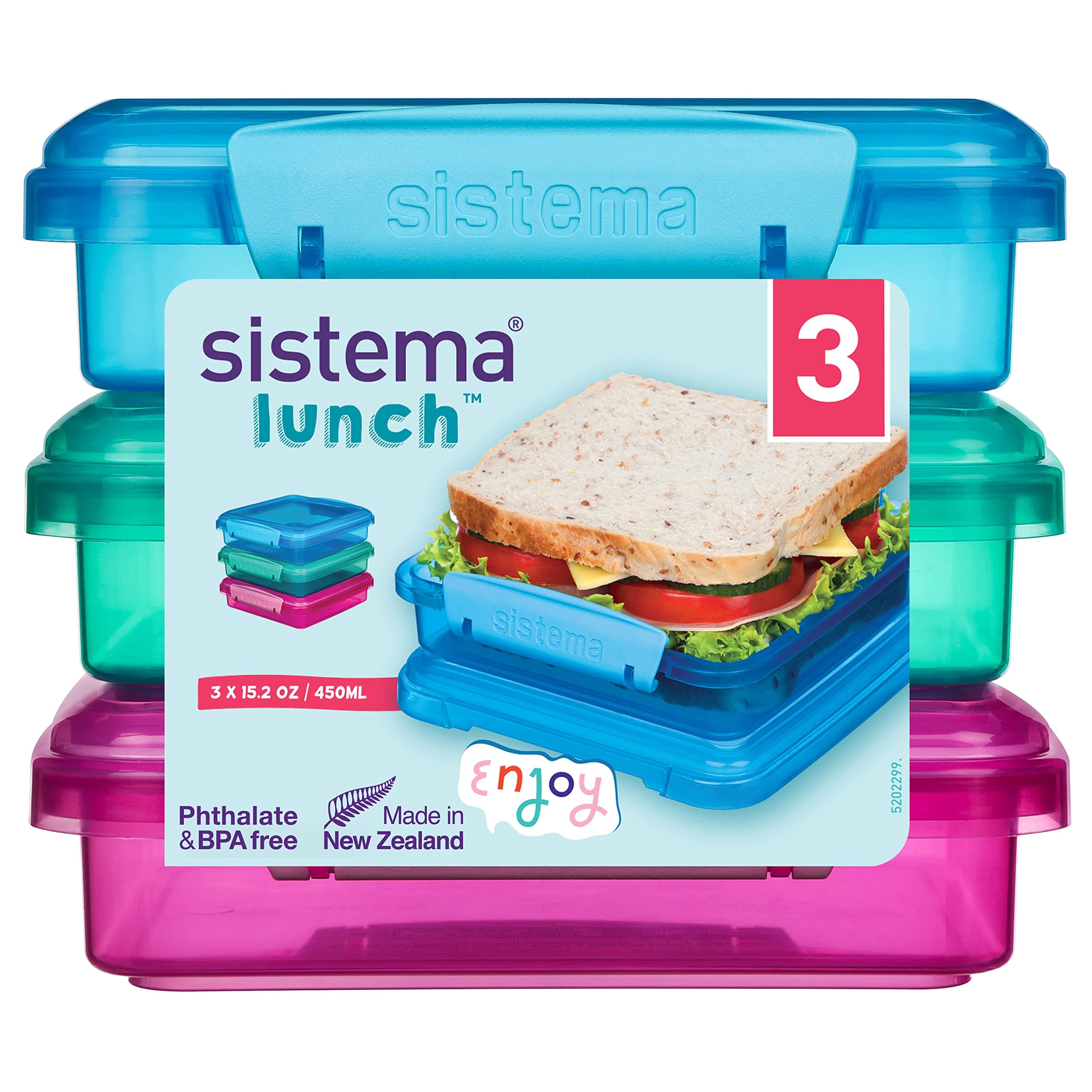 Sistema Brotdose Sandwichbox | 450 ml | stapelbare und luftdichte Lunchbox mit Deckel | Lunchbox Kinder & Erwachsene | gemischte Farben | 3 Stück