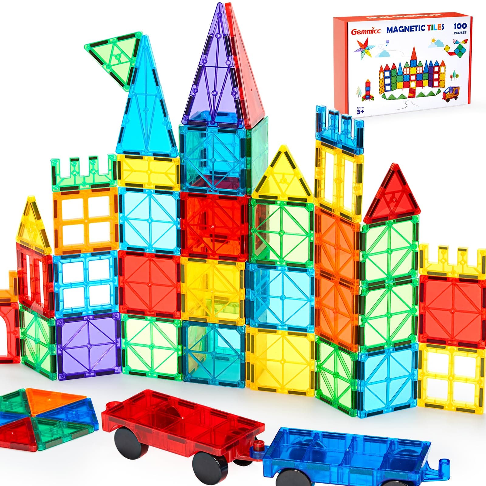 Gemmicc Baldosas Magnéticas 100 Piezas con 2 Coches, Juguete Educativo Stem, Bloques Magnéticos de Construcción para Niños y Niñas