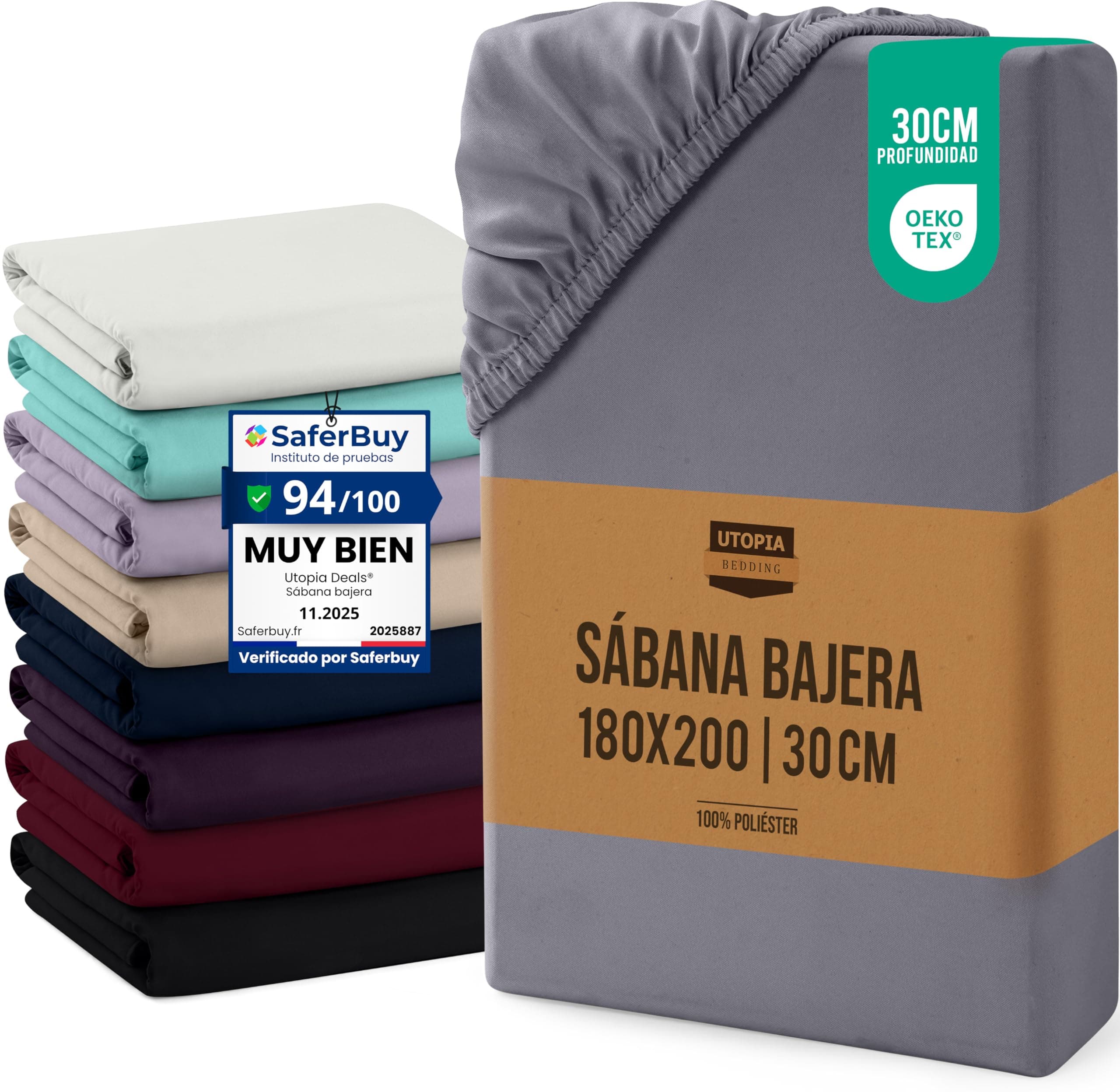 Utopia Bedding Sabana Bajera 180x200x30 cm - Gris - Bolsillo Profundo - Microfibra de Poliéster Cepillado (Cama 180)