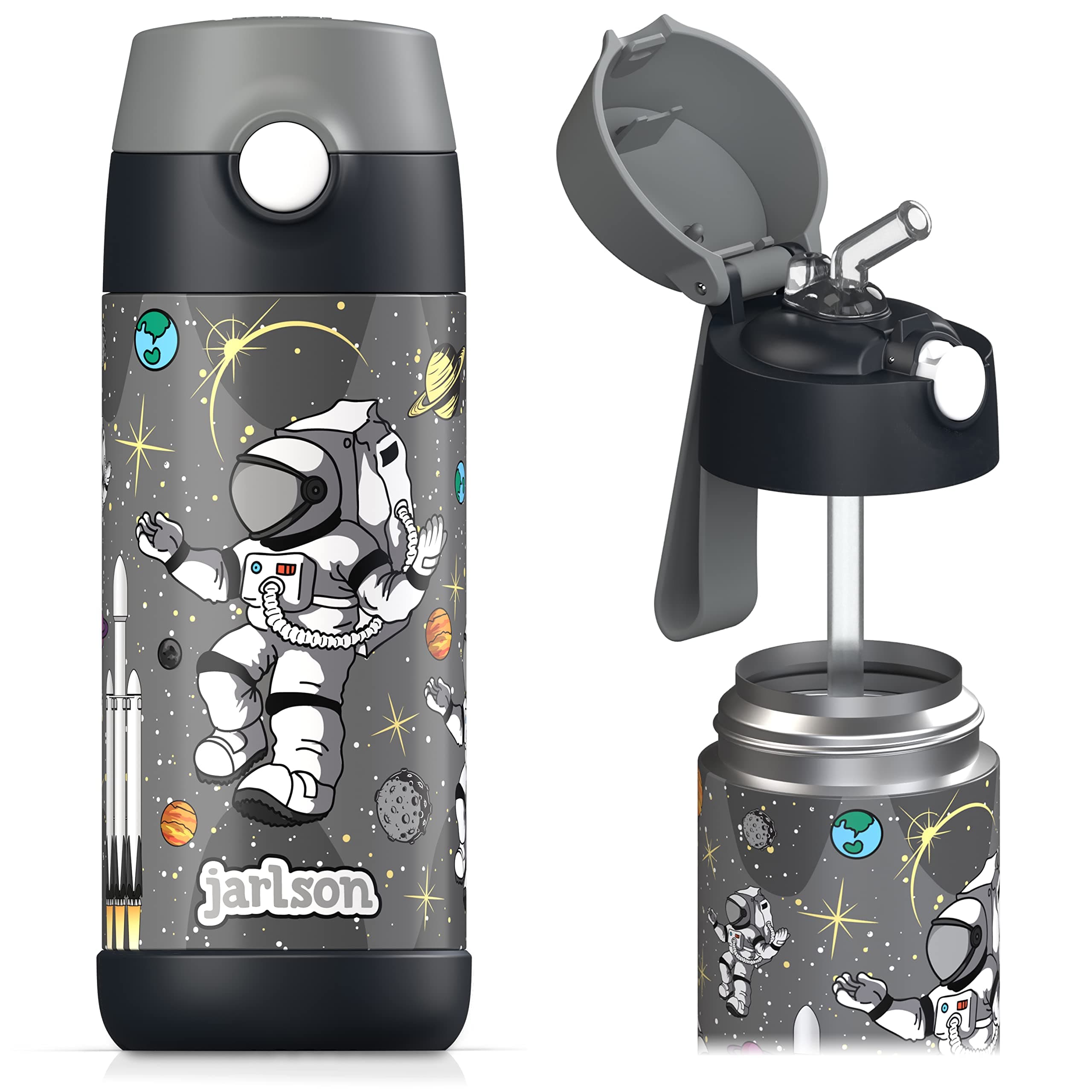 Jarlson® Borraccia Termica Bambini 350ml CHARLI [CON CANNUCCIA] - Bottiglia Acciaio Inox - Termos per Bambini e Bambine - Mantiene Freddo - Senza BPA - Ideale per Scuola, Sport e Viaggi (Astronauta)