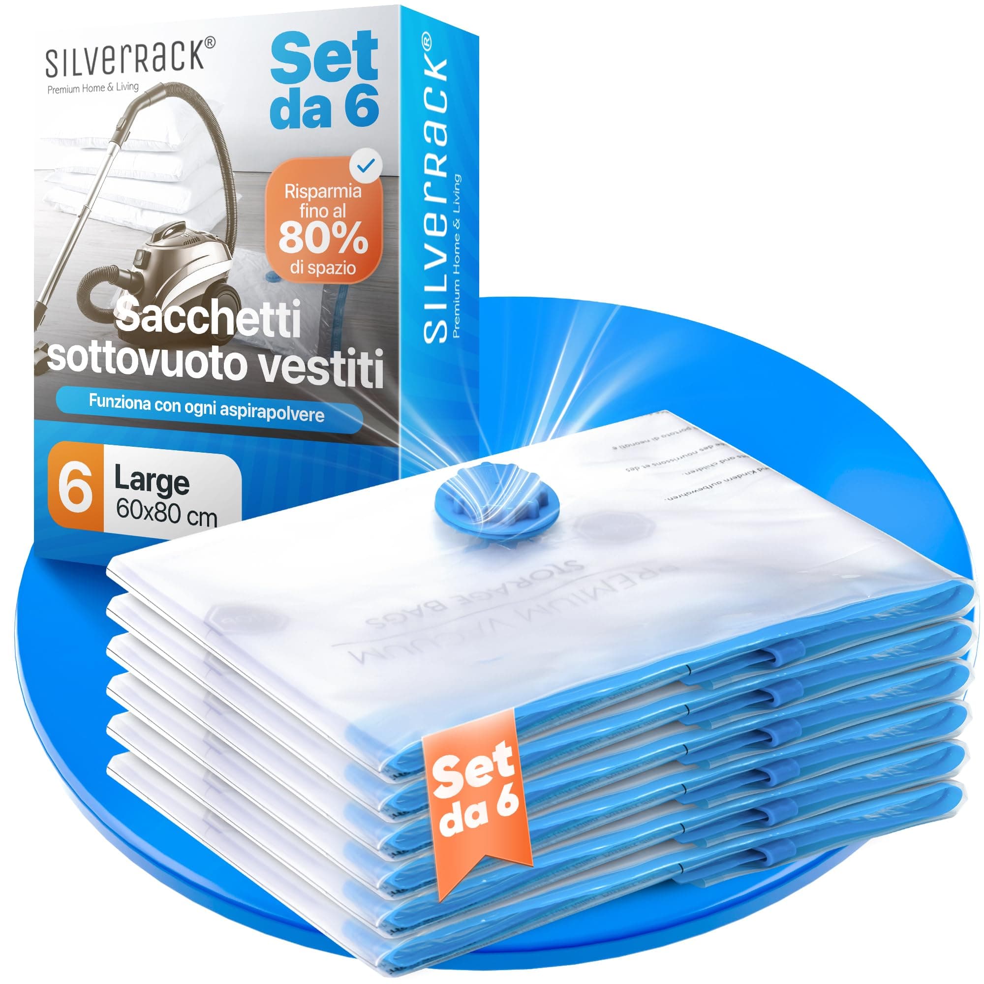 SilverRack Sacchetti sottovuoto per vestiti, 6 pezzi, grandi (60 x 80 cm), con etichette, sacchetti per aspirapolvere 80 x 60 cm