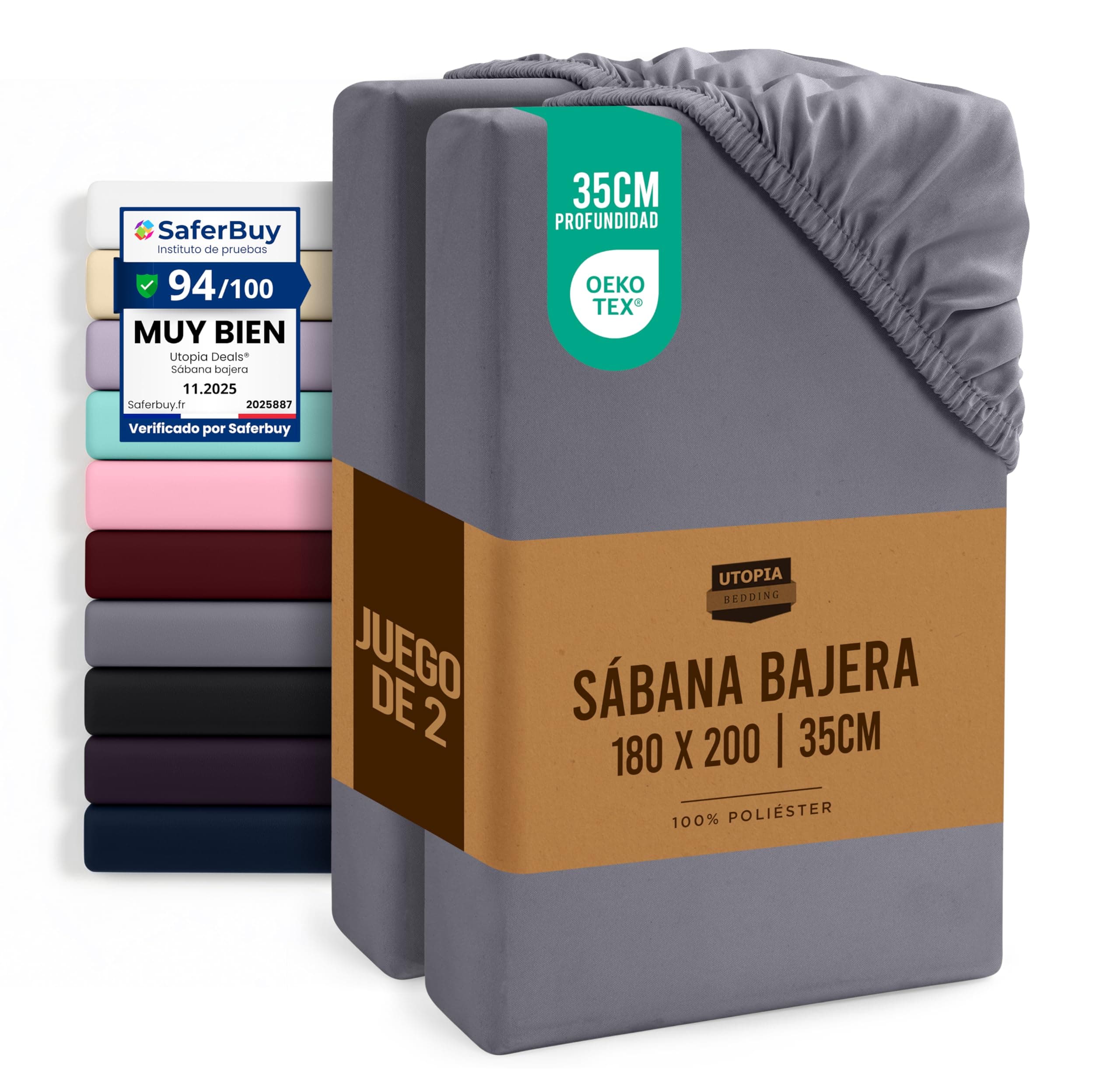 Utopia Bedding Juego de 2 Sabana Bajera 180x200 - Gris - Certificado Oeko Tex - Bolsillo Profundo - Microfibra Cepillada (Cama 180)