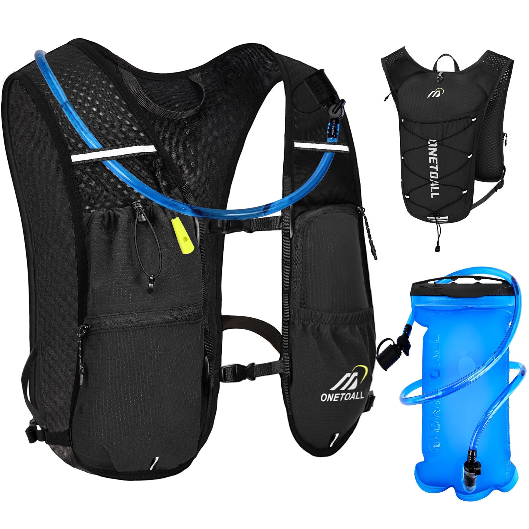 ONETOALL Chaleco Running Hombre Mujer, Ligero Mochila Hidratacion Trail Running, Mochila Running, Chaleco para Correr con Bolsa Agua 2L o Botella 500ml, Silbato y Reflectante para Correr Senderismo