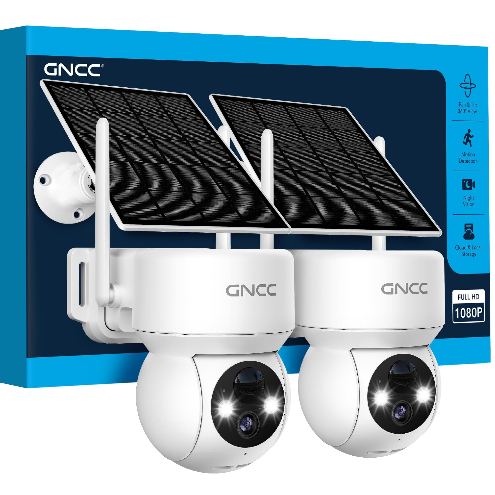 GNCC 2PCS Camara Vigilancia WiFi Exterior Solar con Bateria Sin Cables, 1080p/2MP, 360° PTZ Cámara Vigilancia Exterior Solar, Visión Nocturna Color, Humana Detección IA&PIR Sirena, Audio Bidireccional
