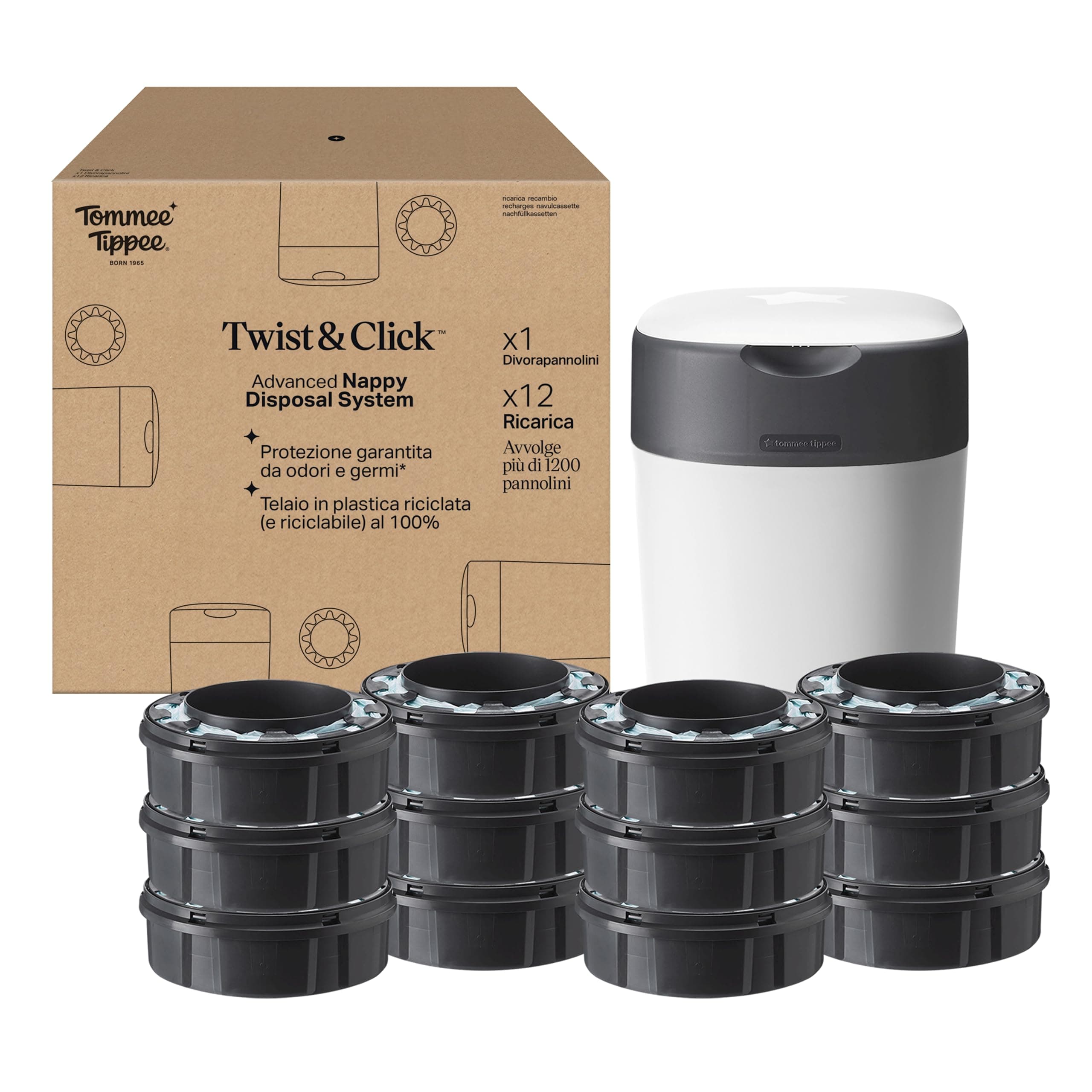 Tommee Tippee Starter set Mangiapannolini Twist & Click con 12 Ricariche con Pellicola Antibatterica Multistrato, Bianco