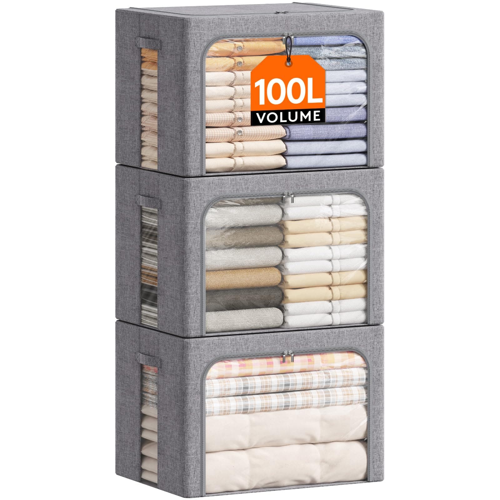 Lifewit 3 pezzi Scatole per Armadio Rigide con Cerniera, Organizzatore Armadio con Struttura in Metallo Pieghevole, Contenitori per Armadio Impilabili per Vestiti, Trapunte, Piumone, Grigio, 100L