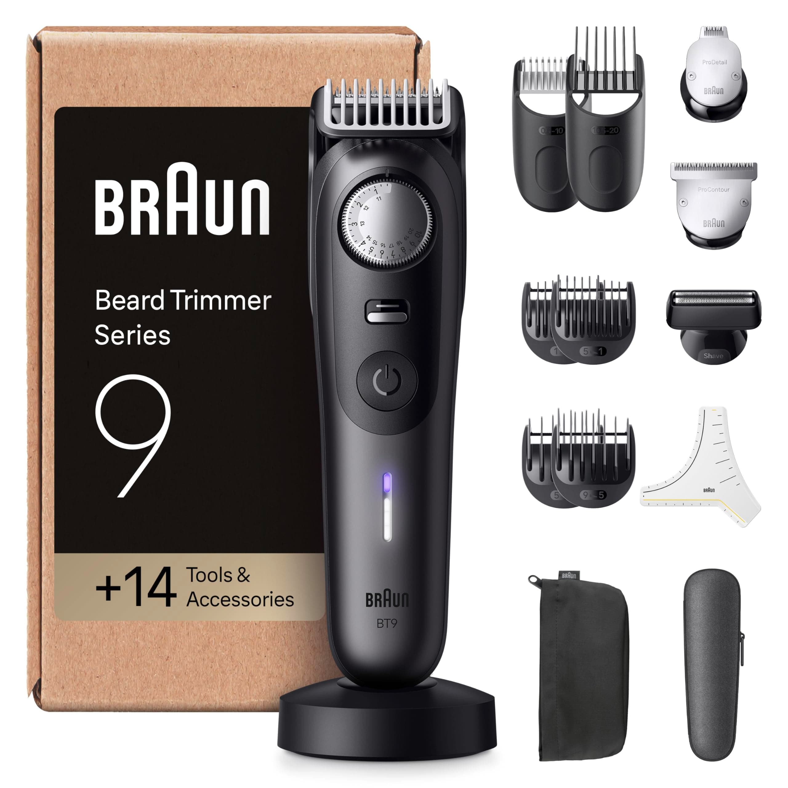 Braun Tondeuse A Barbe Electrique Pour Hommes Series 9 BT9565, Titane, Etanche, Coffret De Rasage Avec +14 Outils De Barbier, Lame Pro Blade, 52 Longueurs Pour Raser Le Visage, Kit Avec Accessoires