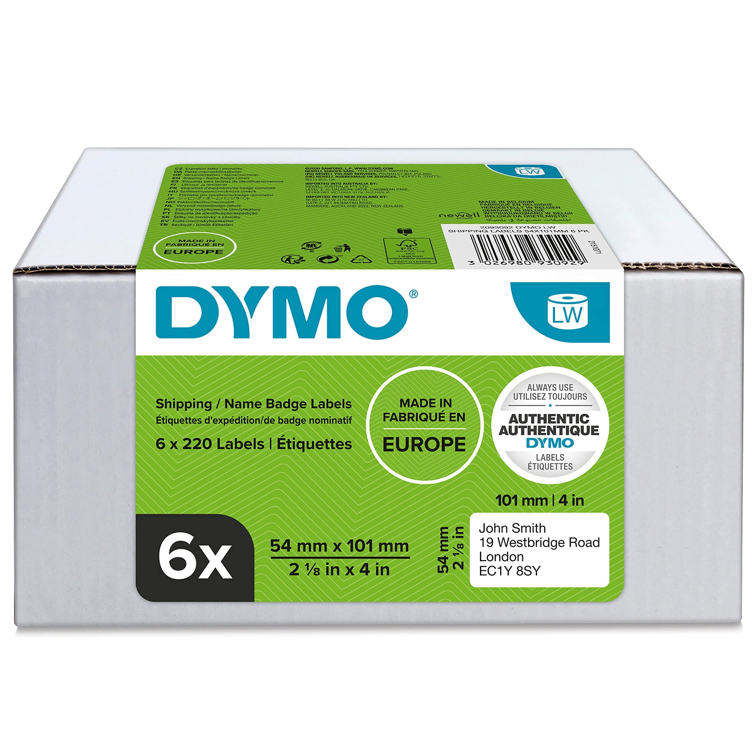 DYMO LW etiquetas de envío/tarjetas de identificación grandes y auténticas | 54 mm × 101 mm | 6 rollos de 220 etiquetas autoadhesivas (1320 unidades) | para etiquetadoras LabelWriter