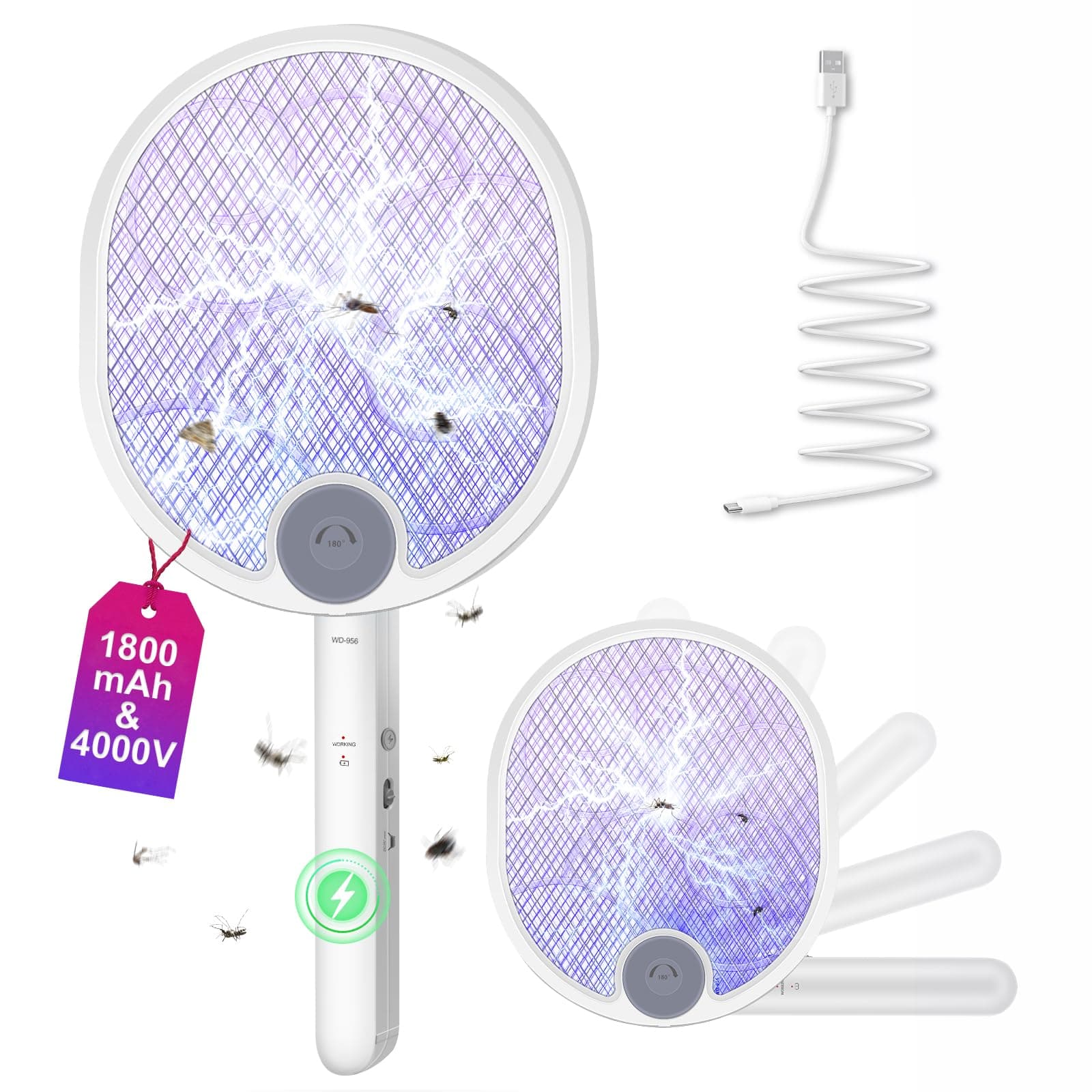 WOCVRYY Raquette Electrique Insectes 4000V Raquette Moustique Electrique 1800mAh Piable Tapetteà Mouche Electrique USB Rechargeable avec 3 Couches Protection en Maille Support Mural