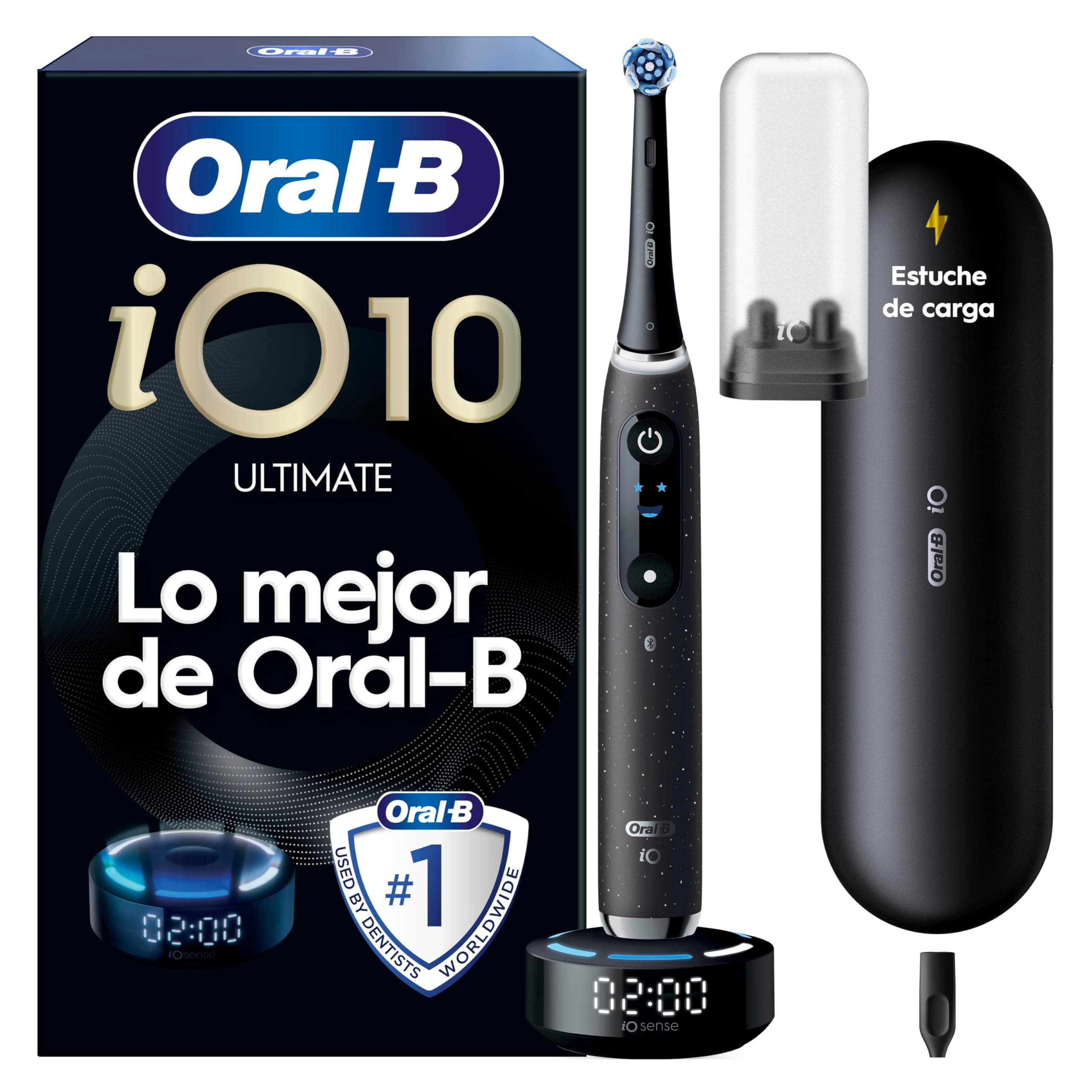 Oral-B iO 10 Cepillo de Dientes Eléctrico Negro Con Mango Recargable, 1 Cabezal y 1 Estuche Cargador de Viaje, 7 Modos De Cepillado, Sensor De Presión, Seguimiento Con App, Diseñado por Braun