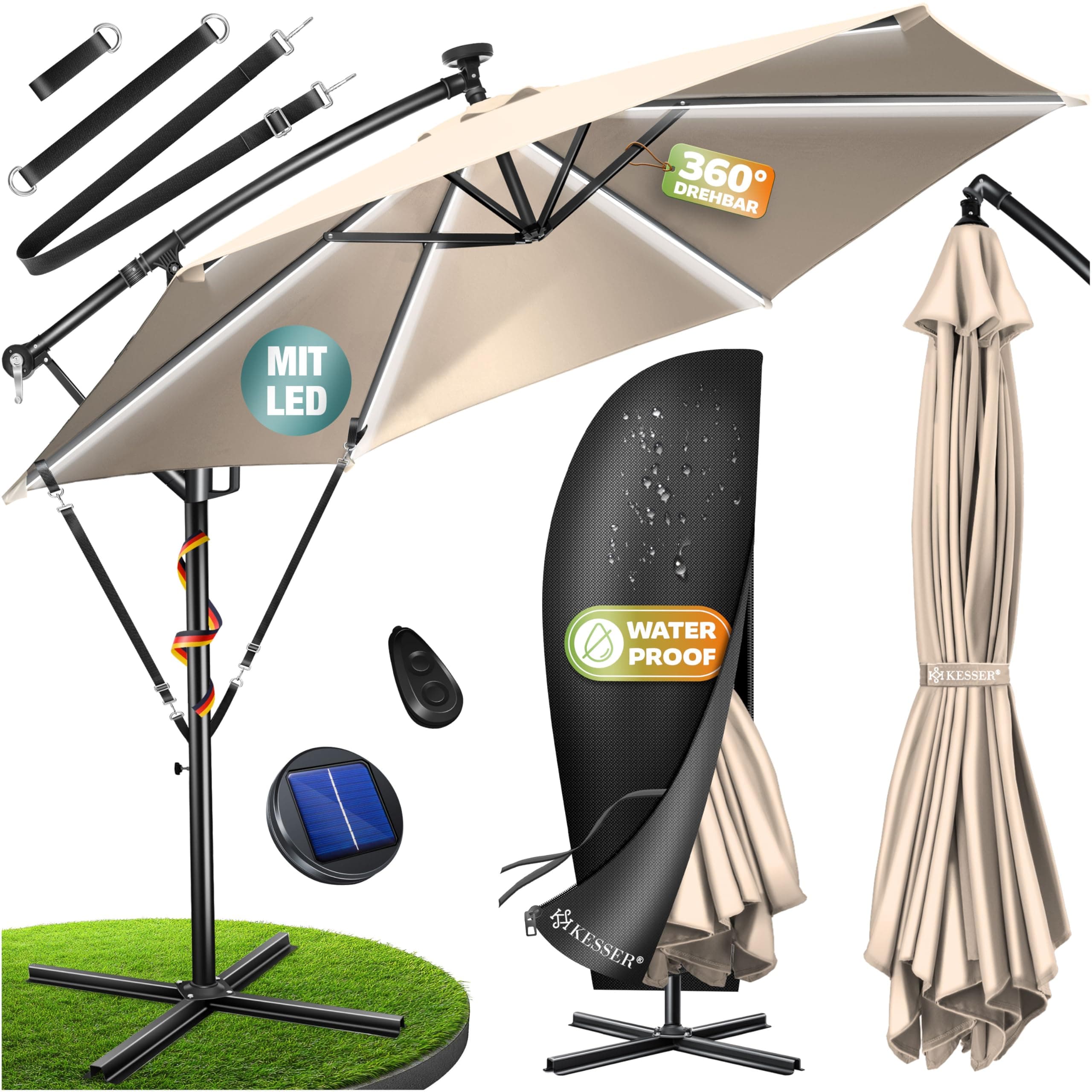 KESSER® Alu Ampelschirm LED Solar Inkl. Abdeckung Fernbedienung & Kurbelvorrichtung Kurbelschirm mit Ständer 360° Funktion UV-Schutz Aluminium Wasserabweisend