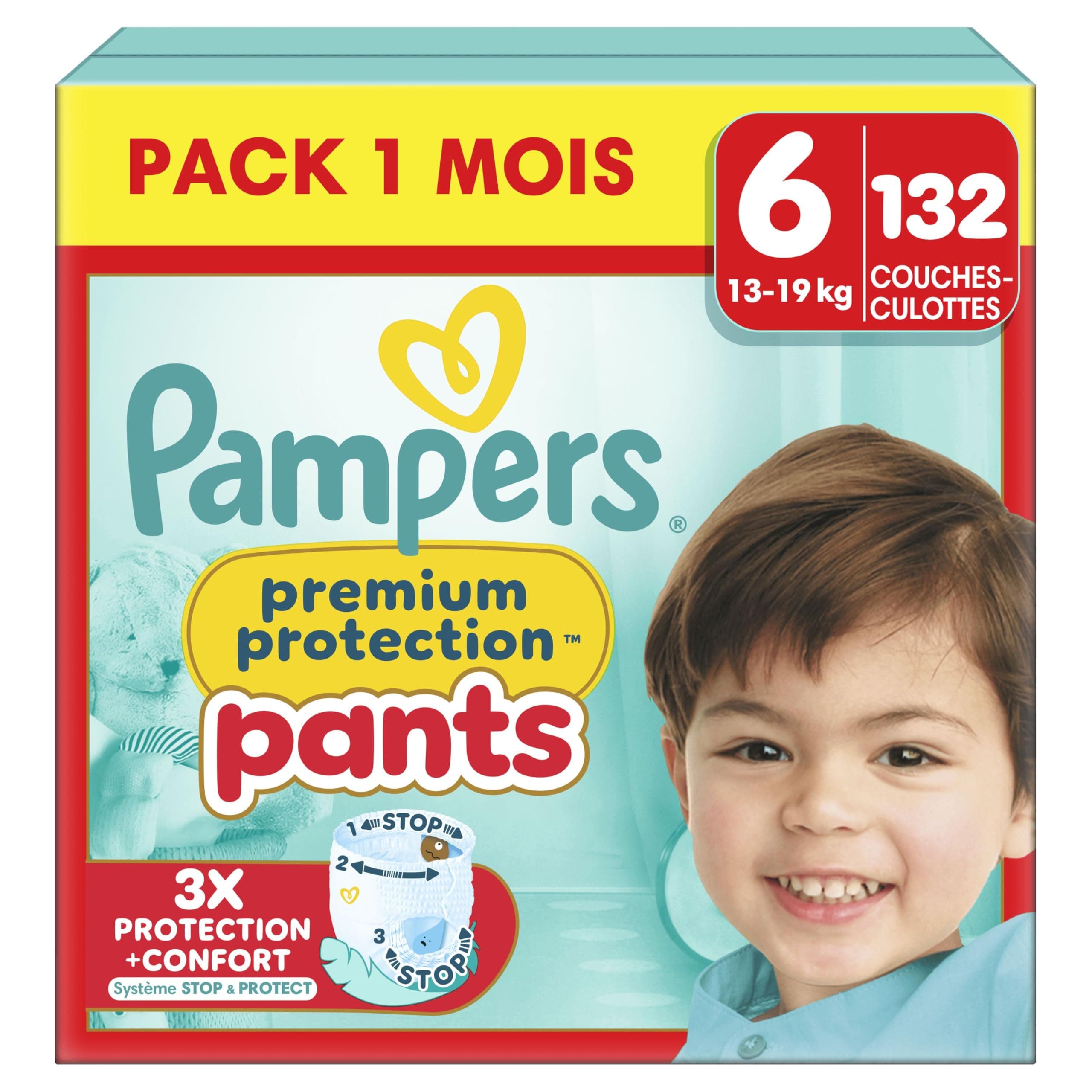 Pampers Premium Protection Pants, Taille 6, 132 Couches-Culottes, 15kg+, Notre Meilleur Confort & Protection, Maintien 360° Contre Les Fuites et Matières Ultra-Douces, Pack 1 Mois