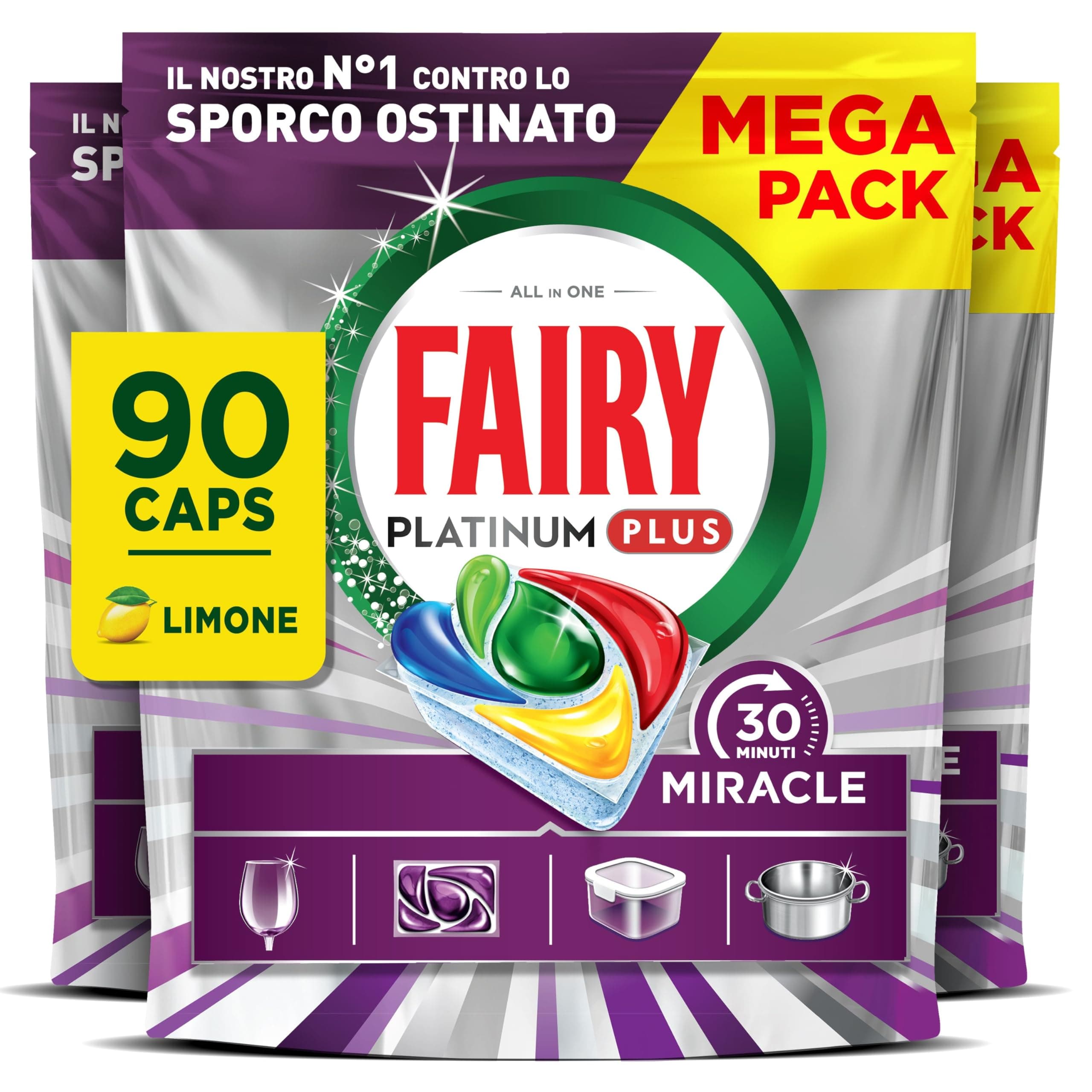 Fairy 30 Minuti Miracle Detersivo Pastiglie Lavastoviglie, 90 Capsule, Limone, Il Nostro N.1 Contro Lo Sporco Ostinato, Potente Anche Nei Cicli Brevi, MEGA Pack