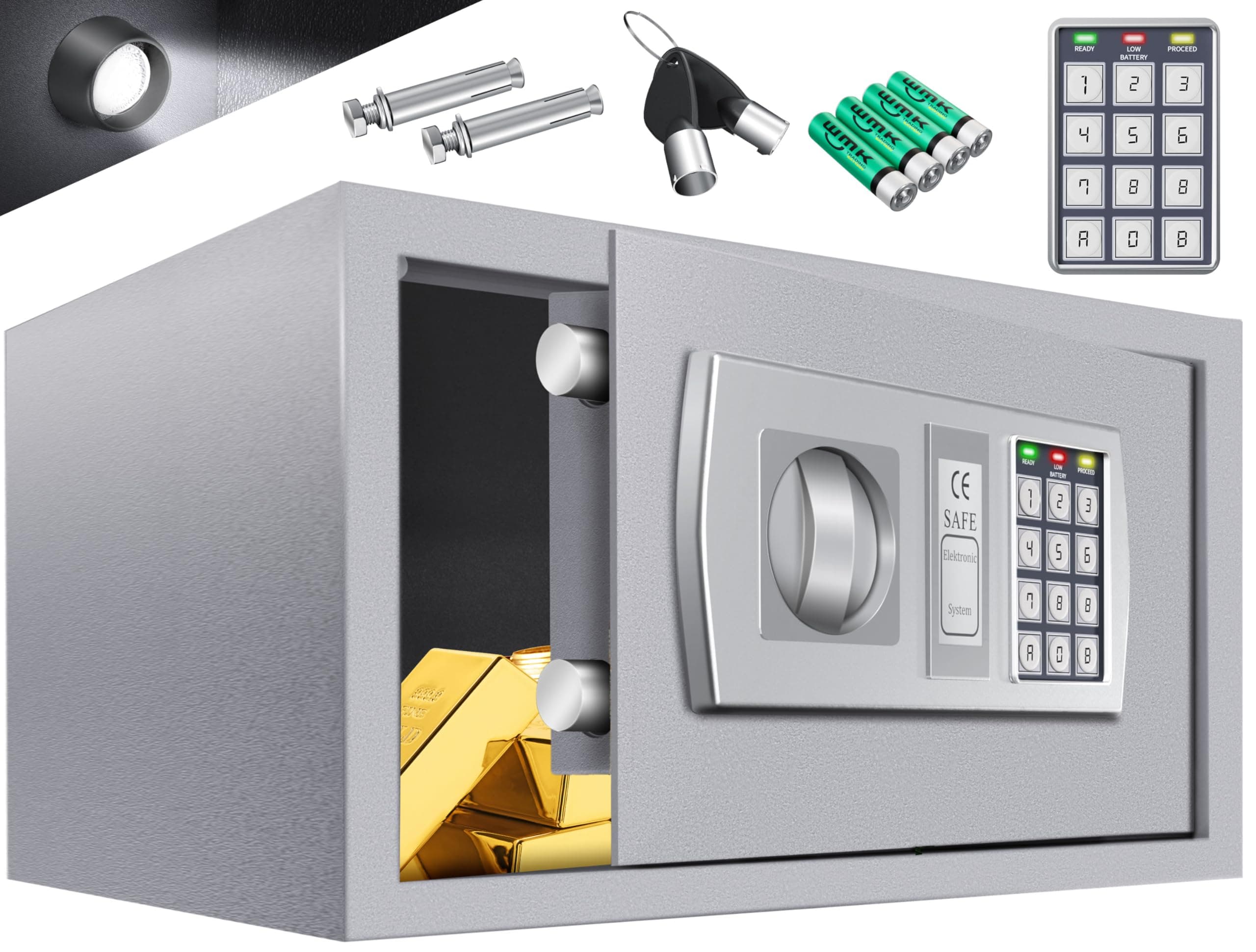 KESSER® Elektr. Tresor | 31x20x20cm | LED-Anzeige | Elektronischer Safe | Doppelbolzenverriegelung | Wandtresor | Montagematerial | Möbeltresor | Innenbeleuchtung, Panzerschrank Zahlenschloss Silber