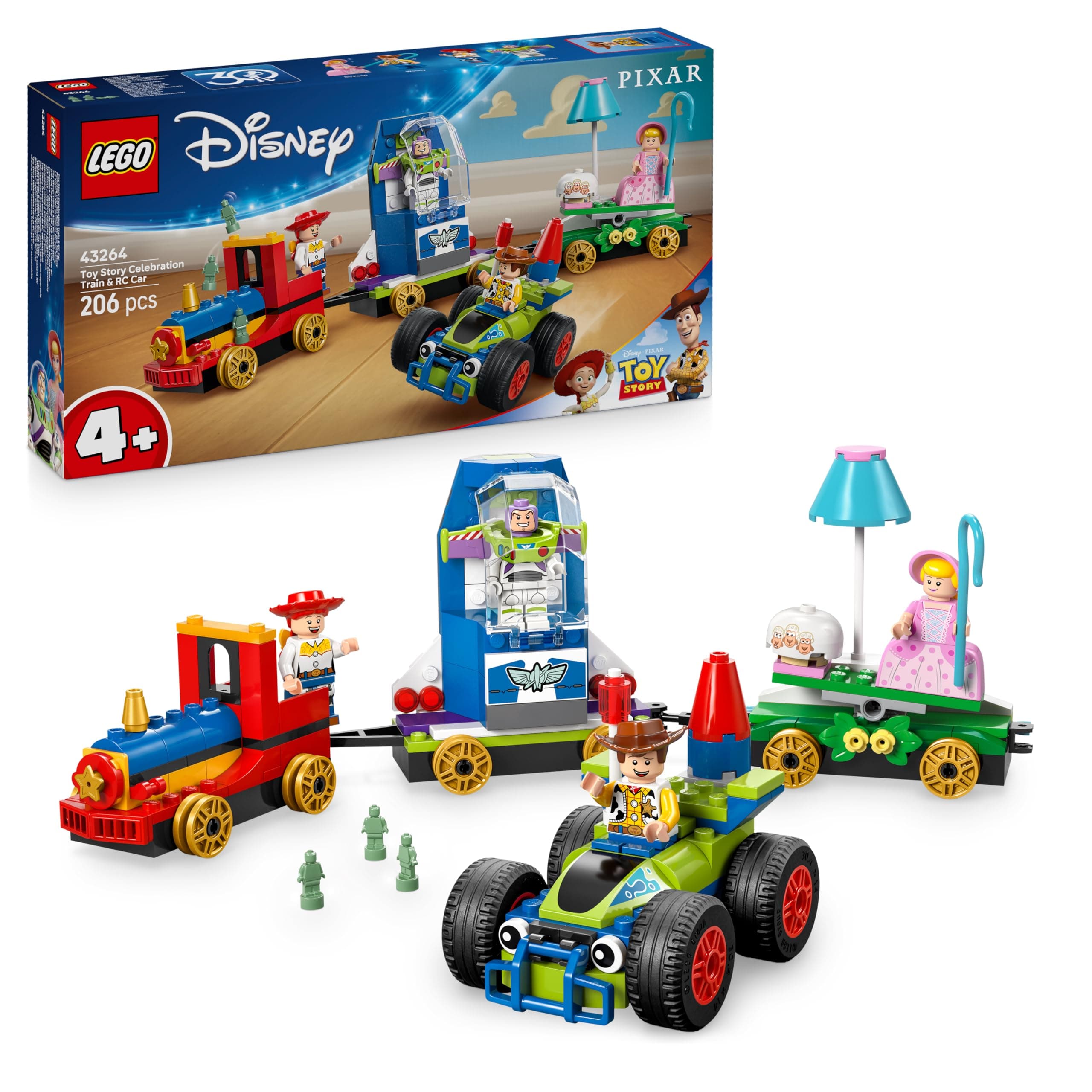 LEGO ǀ Disney e Pixar Toy Story: Treno e Auto RC Celebrativi Giocattolo - con le Minifigure di Woody, Buzz Lightyear, Jessie e Bo Peep - Regalo di Compleanno per Bambini e Bambine da 4 Anni - 43264