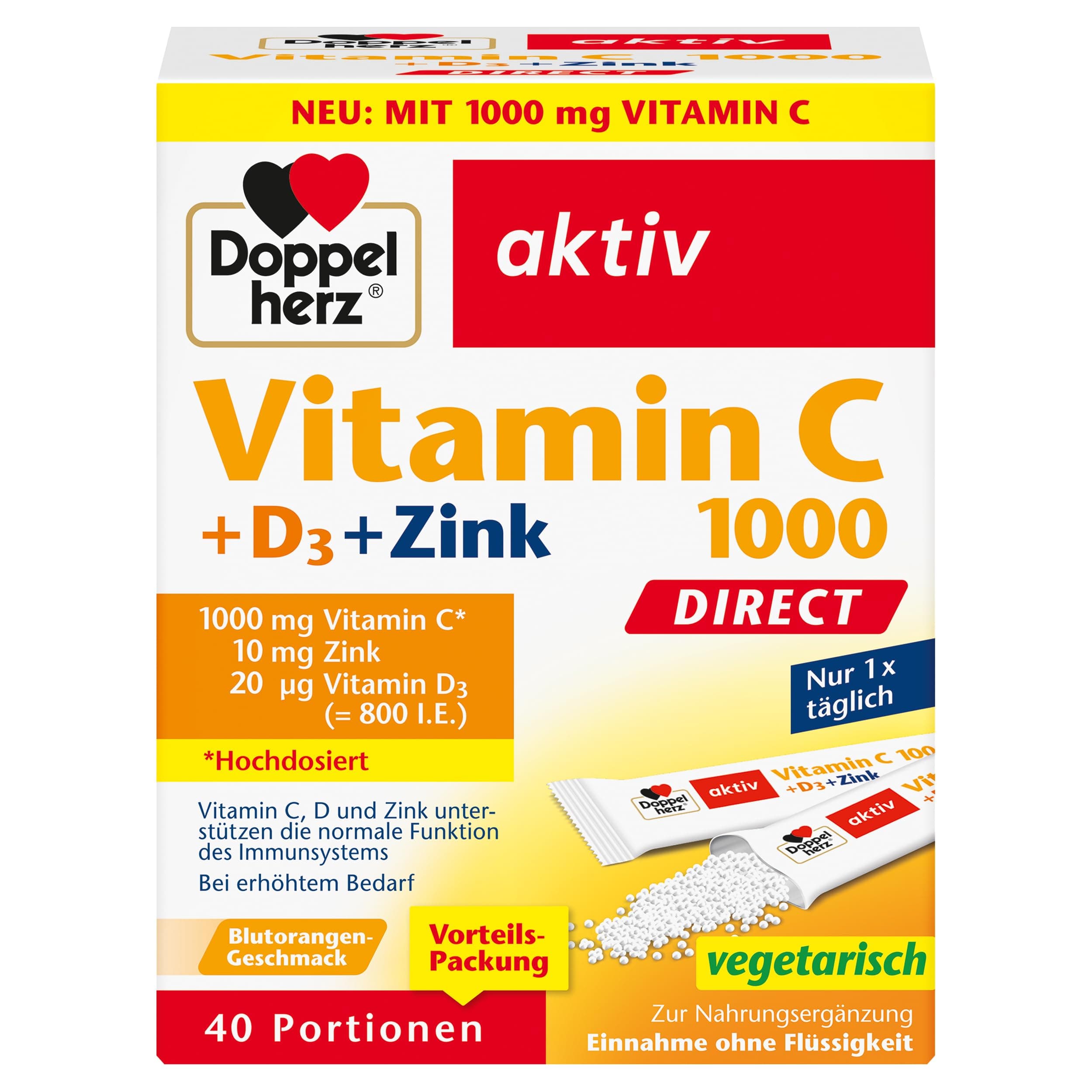 Doppelherz Vitamin C 1000 + D3 + Zink DIRECT - Hochdosiert mit Vitamin C, Zink und Vitamin D3 zur Unterstützung einer normalen Funktion des Immunsystems - 40 Portionen