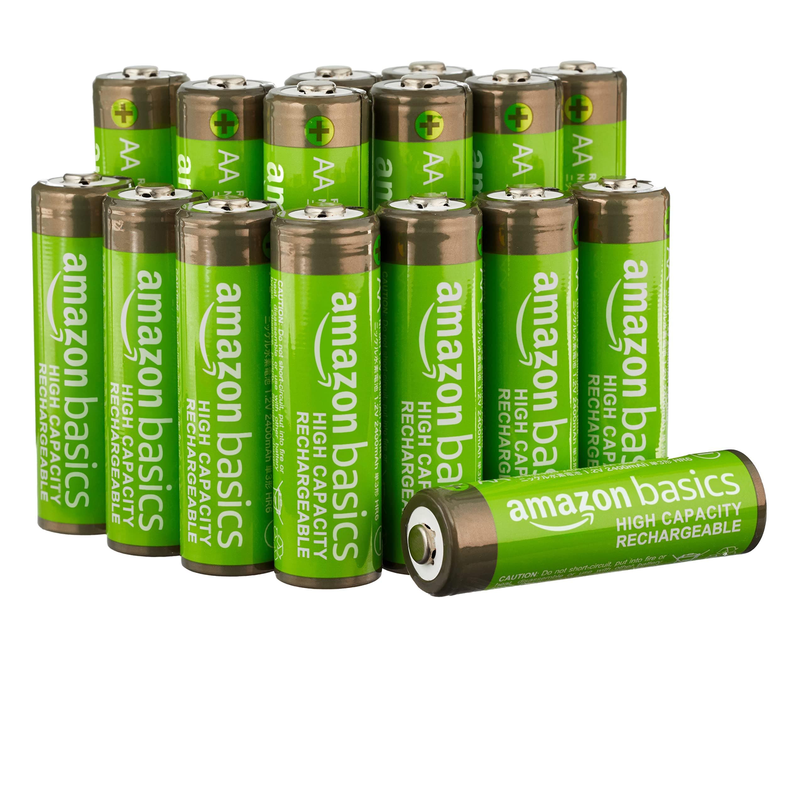 Amazon Basics paquete de 16 baterías AA NiMH recargables, 2400 mAh, 1,2 V, se recargan hasta 400 veces, precargadas
