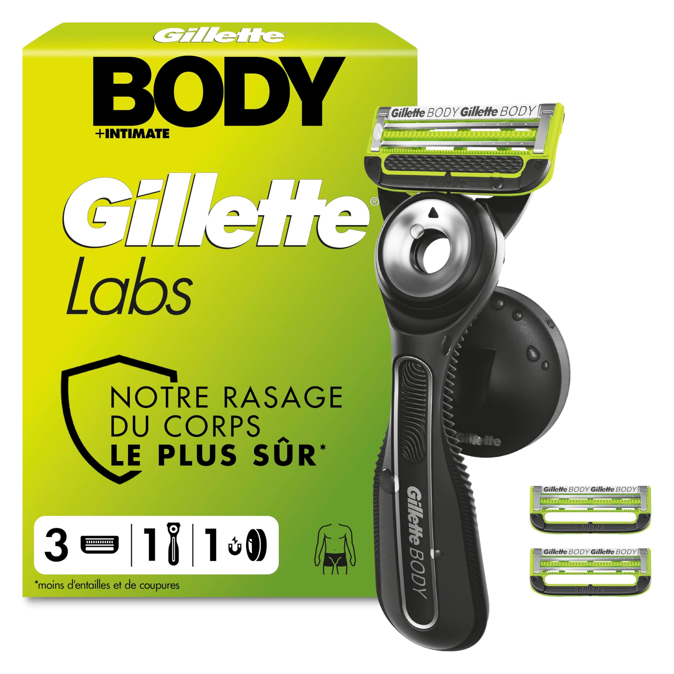 Gillette Labs Body + Intimate rasoir intime homme pour le rasage du corps et du pubis, cartouche de lames avec une barre anti poils incarnés et irritation, manche facile à gripper, 3 recharges