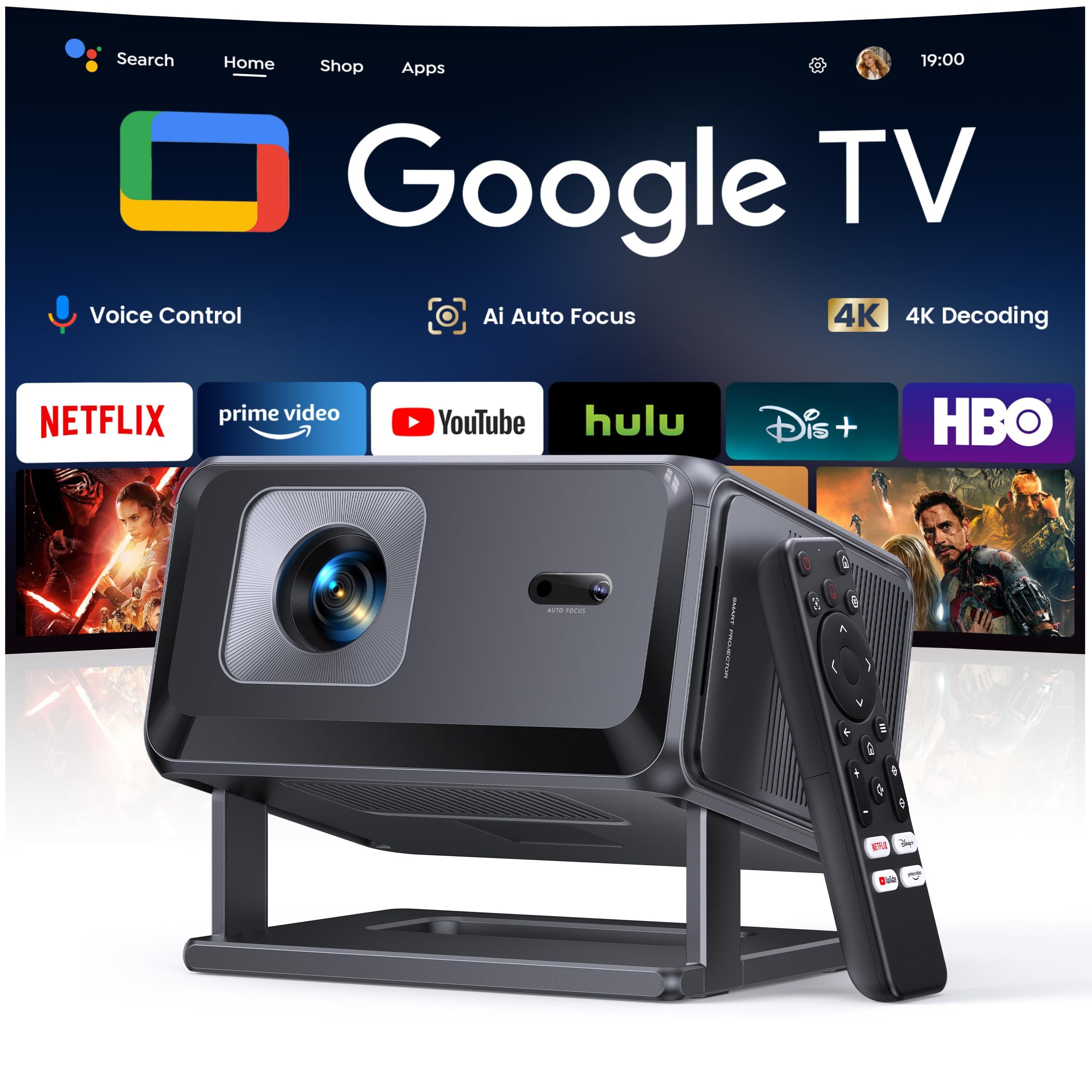 Vidéoprojecteur 4K【Google TV/Auto Focus/Keystone】Mini Projecteur Portable FHD 1080P Courte Focale, Contrôle Vocal, TOPTRO Mini Rétroprojecteur Portable WiFi6 Bluetooth 5.4 Home Cinema/Plafond/Chambre