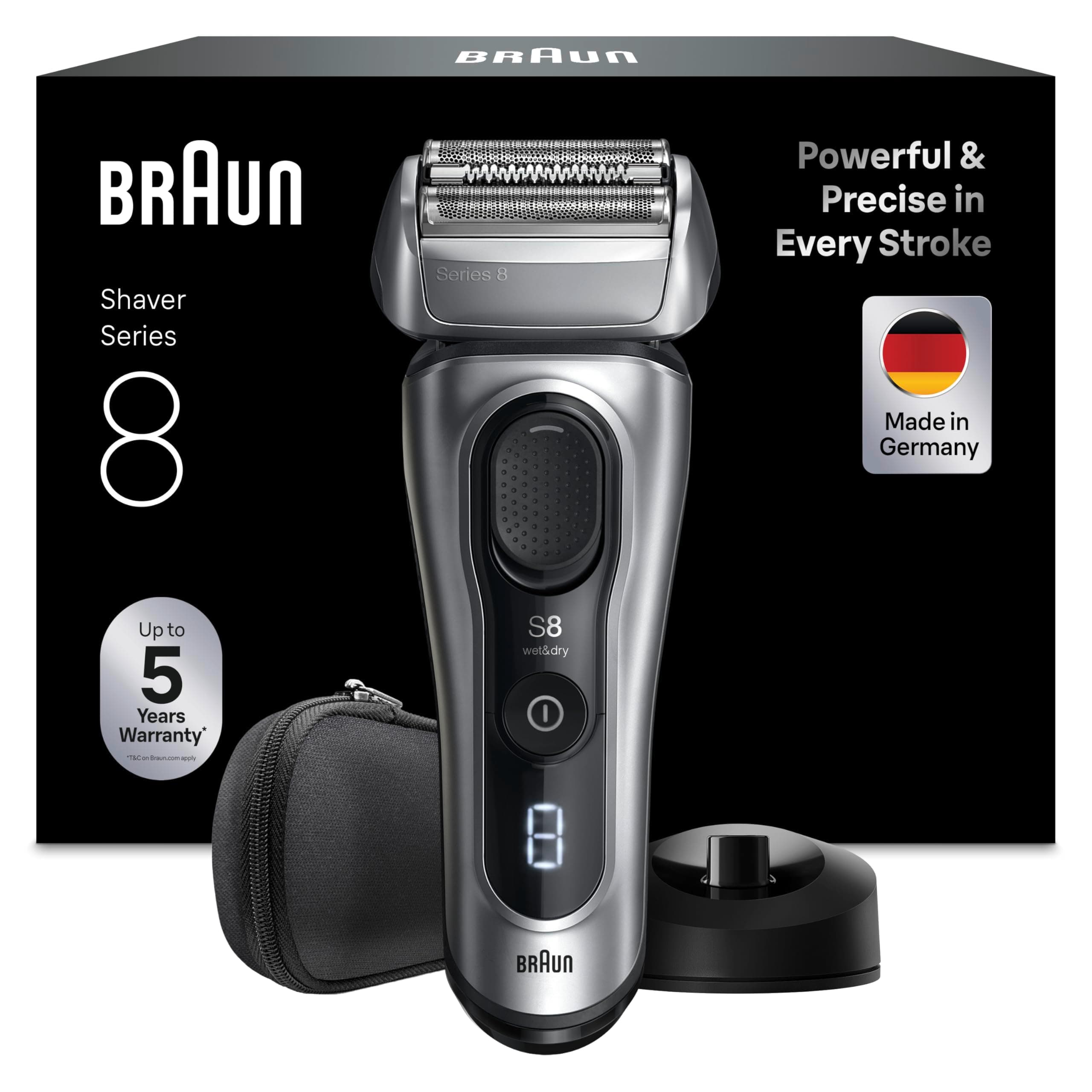 Braun Afeitadora Eléctrica Hombre Series 8, Máquina de Afeitar Barba en Seco Y en Mojado con Cabezal de Precisión Y Recortadora, 60 Min de Uso, Base de Carga Y Estuche de Viaje, 8617S, Plata