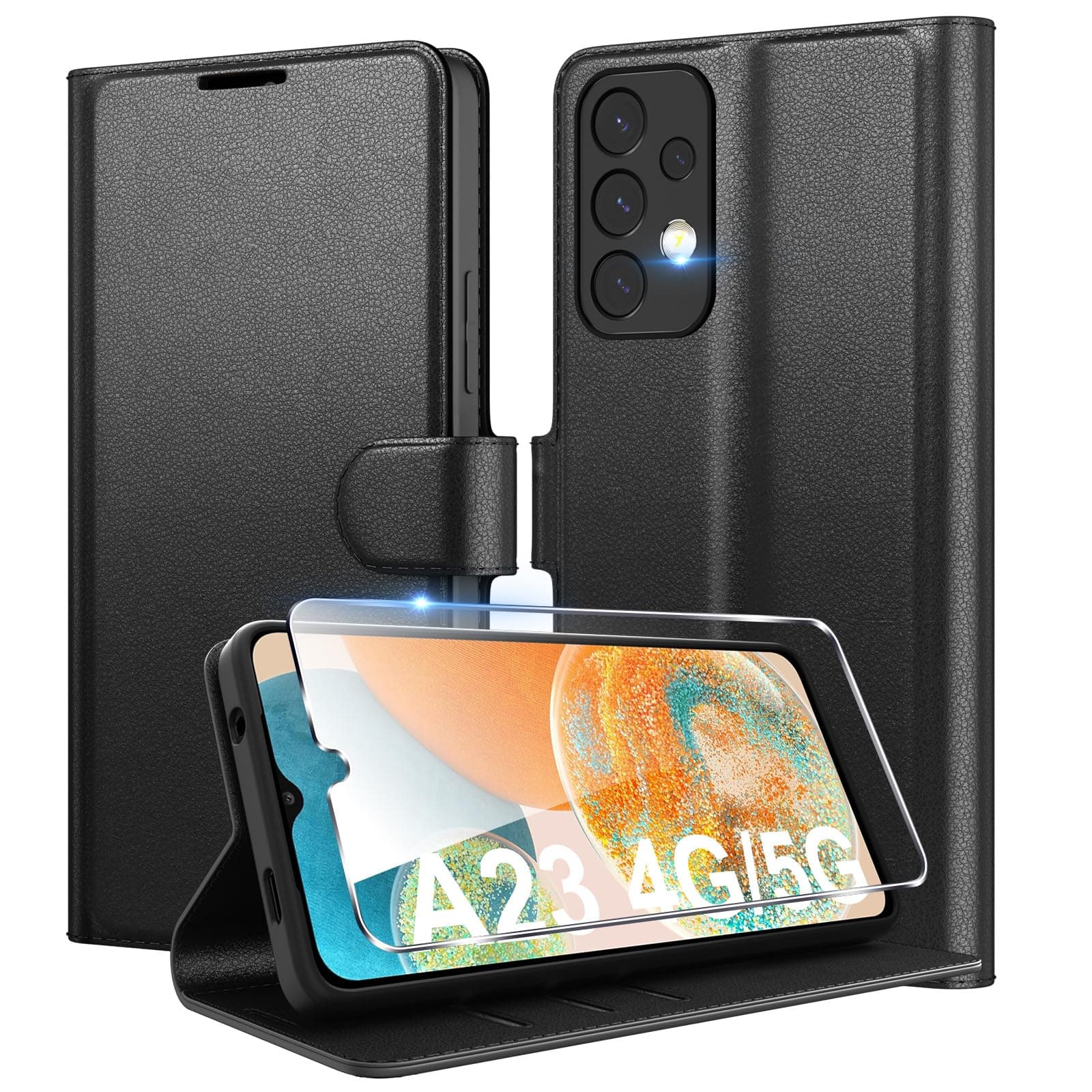 Eirltiy Coque pour Samsung Galaxy A23 4G/5G en Premium Cuir PU, Portefeuille Housse Etui pour Cartes Protection Anti-Choc Flip Case avec 1 Verre Trempé Noir