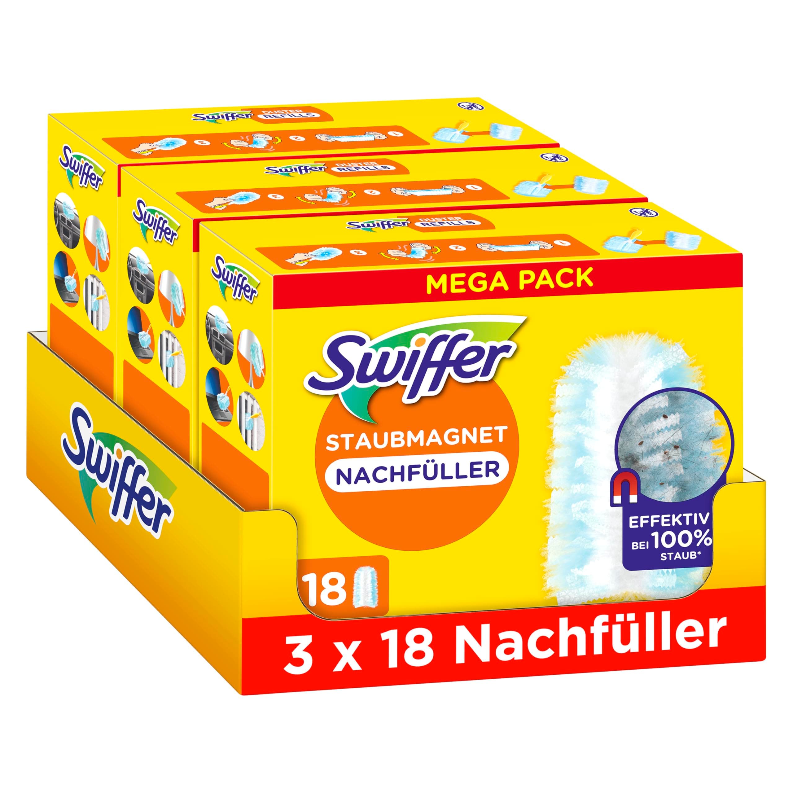 Swiffer Staubmagnet Nachfüllpackung, 54 Tücher (3×18), Fängt Und Schließt 3-mal Mehr Staub Und Haare Ein Als Herkömmliche Staubwedel