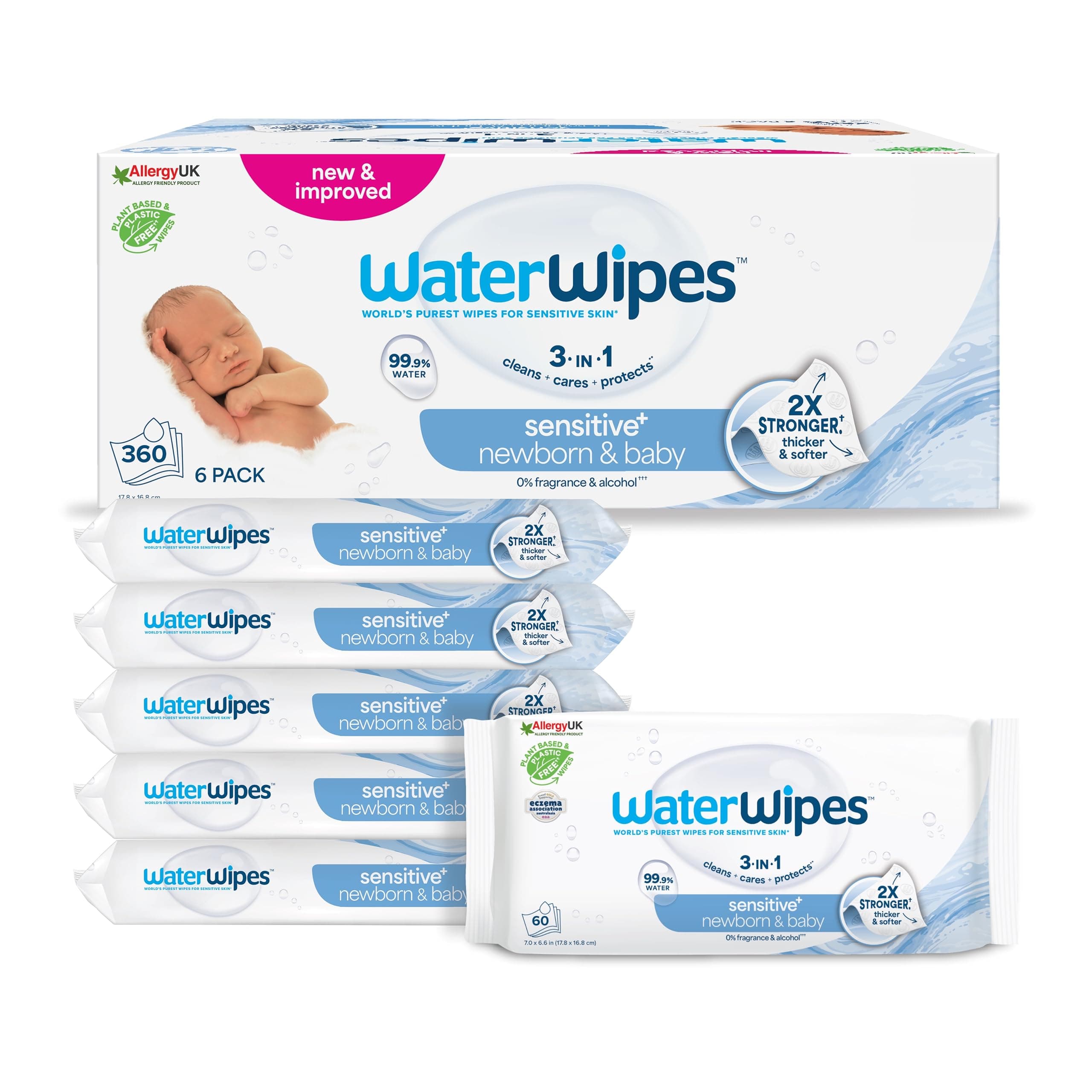 WaterWipes Sensitive+ Newborn & Baby Wipes, Toallitas Para Recién Nacidos y Bebés, 360 unidades (paquete de 6), 3 en 1 Limpia, Cuida, Protege, 99,9% Agua, Sin perfume