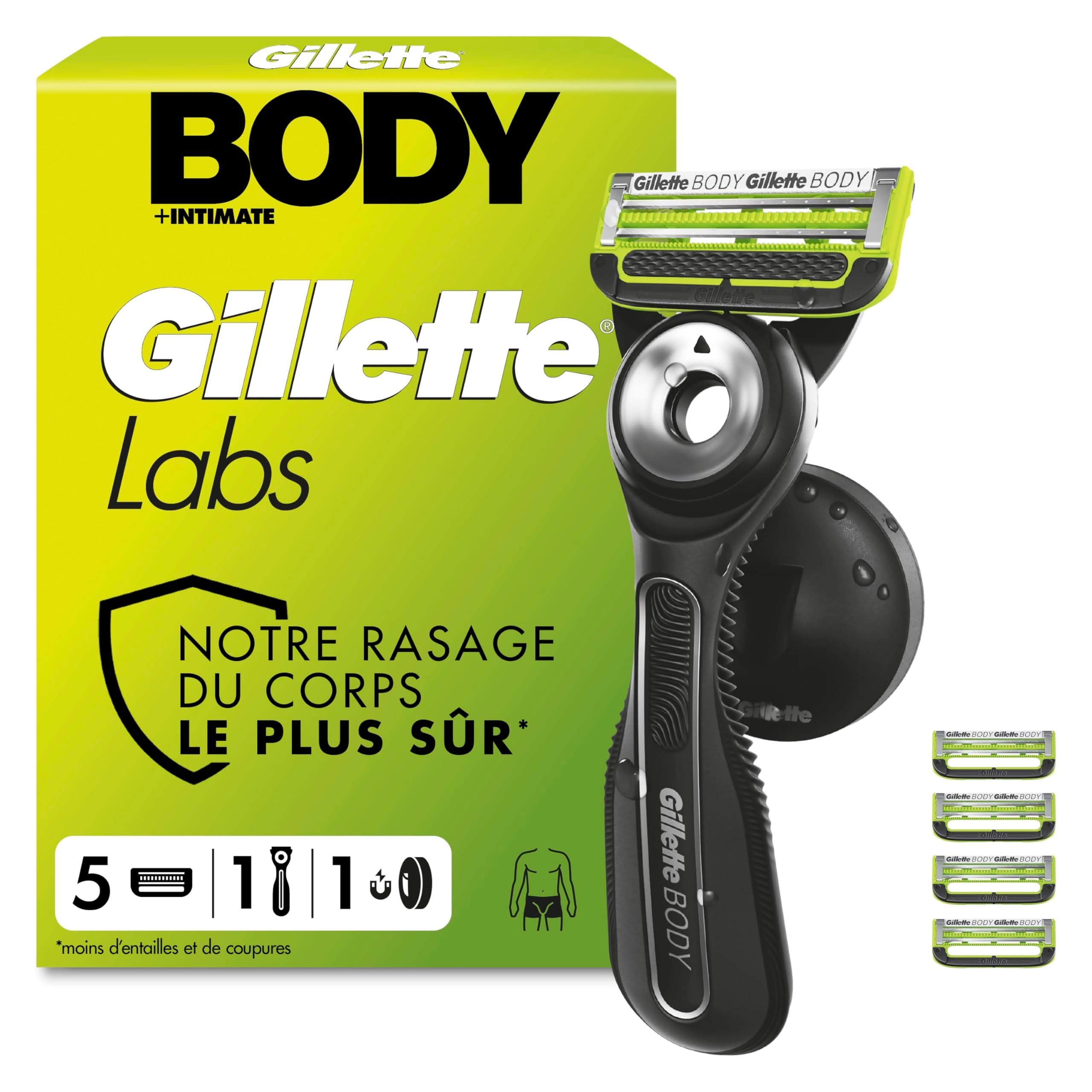 Gillette Labs Body + Intimate rasoir intime homme pour le rasage du corps et du pubis, cartouche de lames avec une barre anti poils incarnés et irritation, manche facile à gripper, 5 recharges