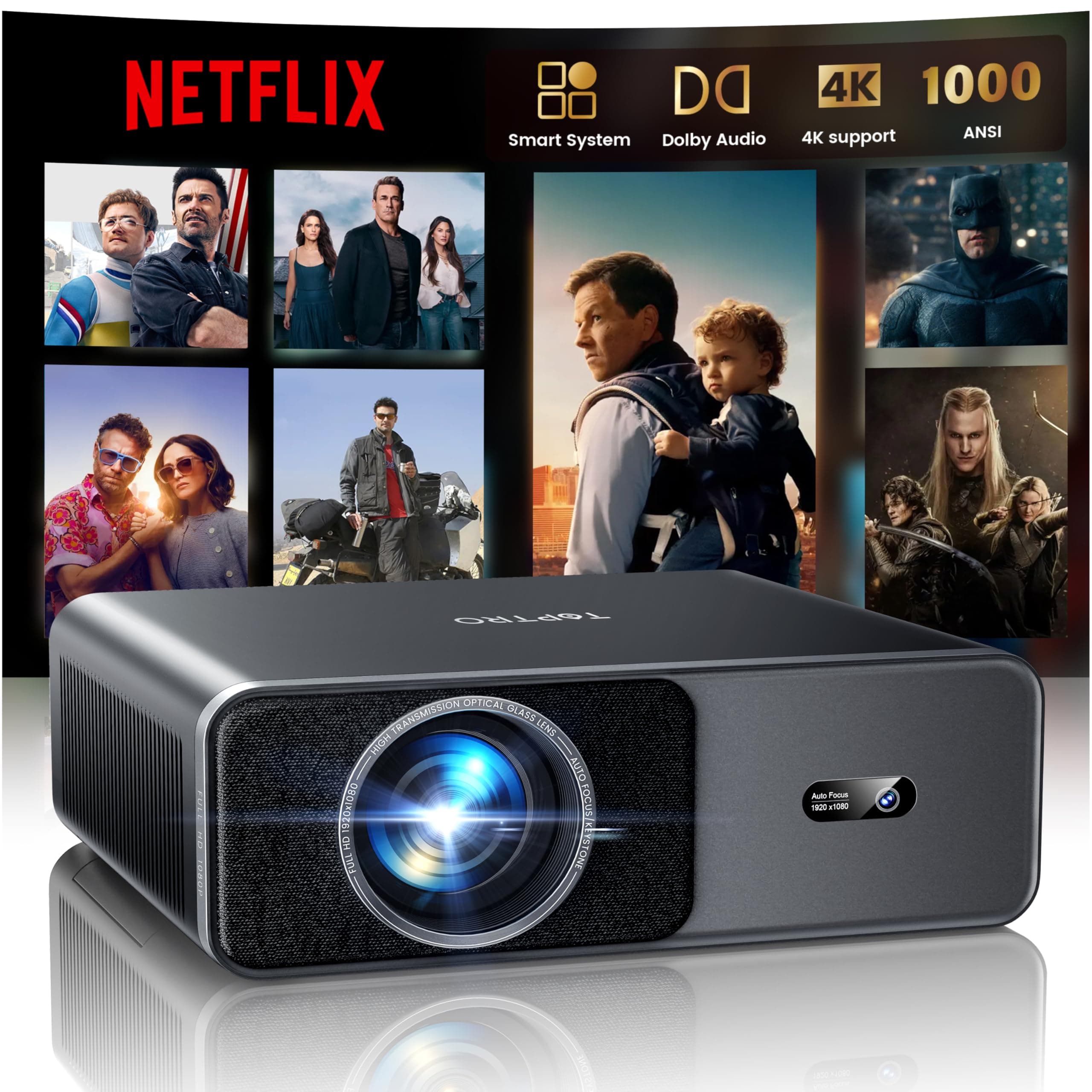 Proyector 4K【App Oficial Integrada/Dolby】 1000ANSI Smart Proyector Compatible con Netflix AI Auto Auto/Keystone, Proyector1080P Nativo WiFi 6 Bidireccional BT5.2 Zoom 50% para Cine en Casa/Exterior