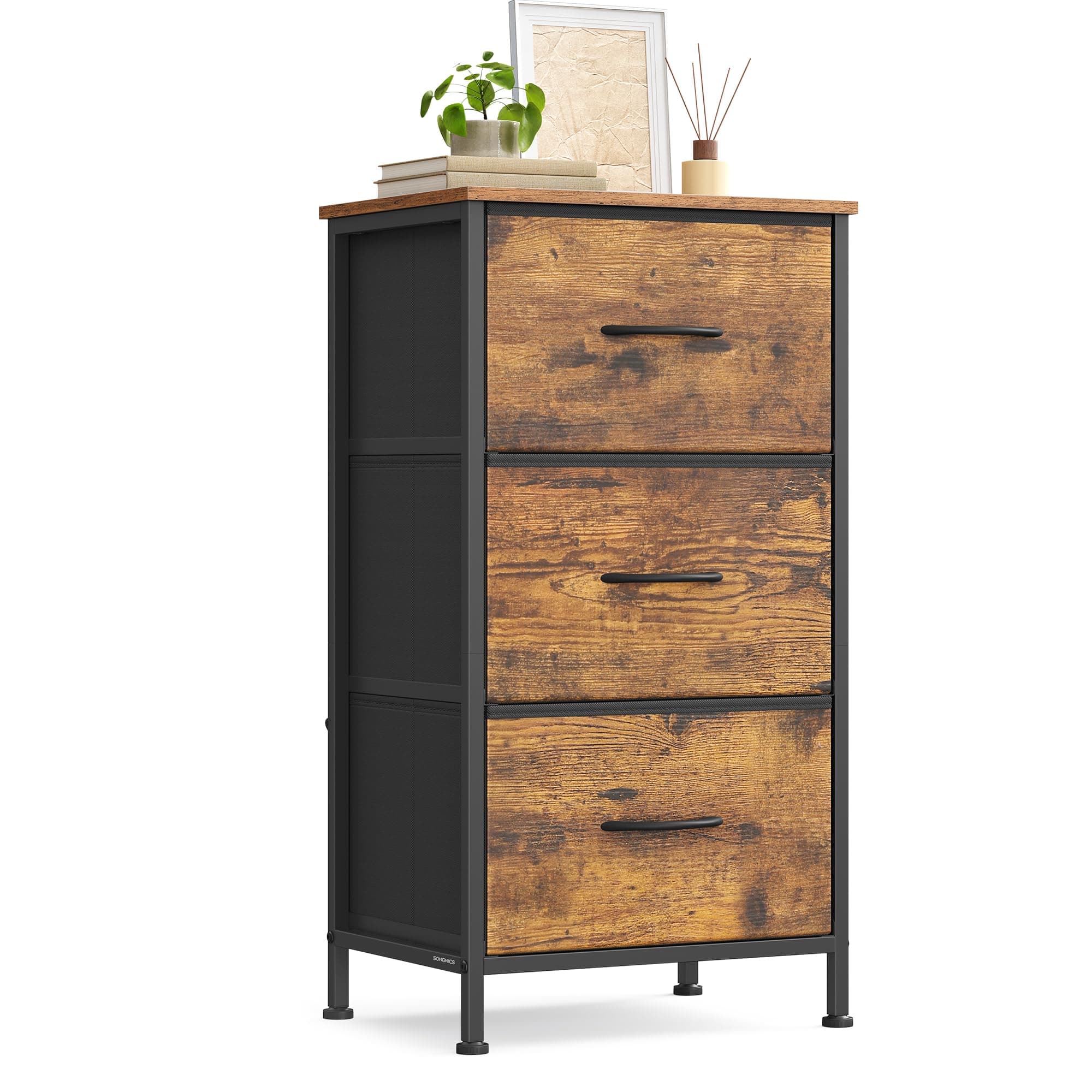 SONGMICS BELLAH Collection - Cómoda, Unidad de Almacenamiento, para Dormitorio, Armario, Pasillo, Salón, Acero, 3 Cajones, Moderno, Marrón Vintage y Negro Tinta LGS313BH03
