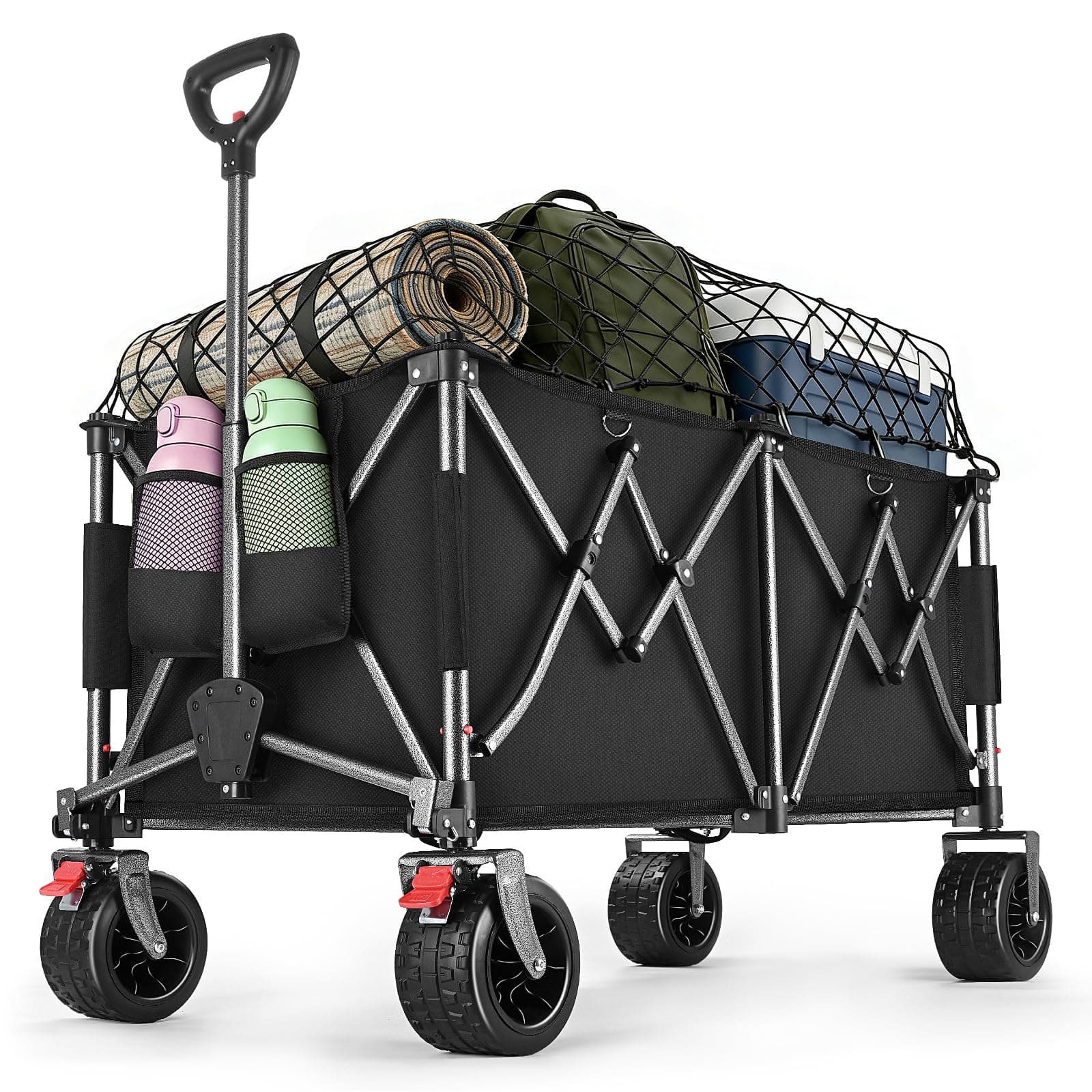 YEAUPE PRO Carro Playa Plegable Todo Terreno – con Frenos Dobles, Ruedas Anchas y Estructura Reforzada, Gran Capacidad (260L/150kg), Mango Ajustable, Playa, Camping, Negro