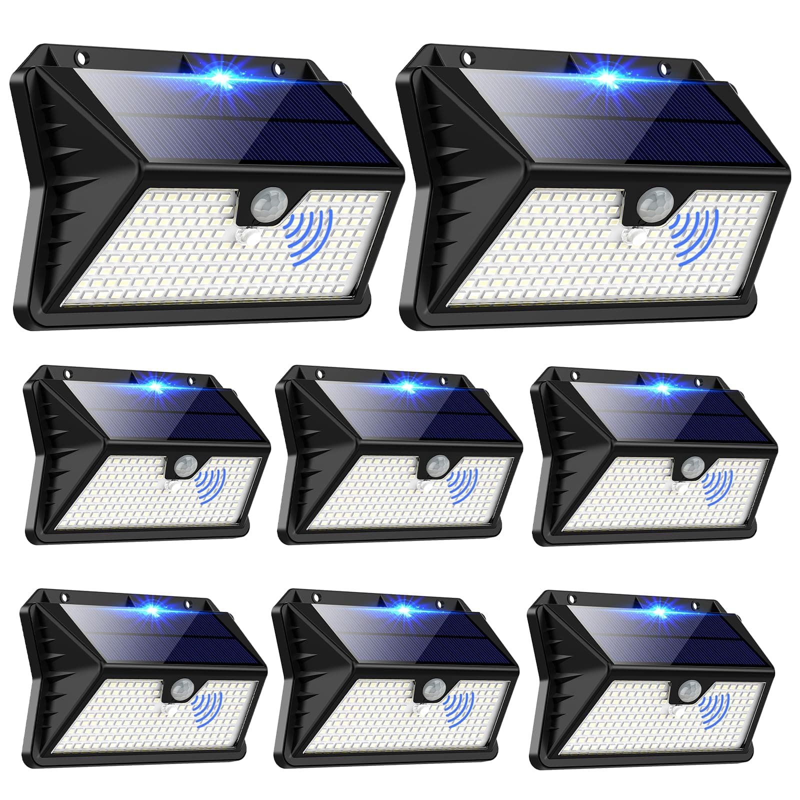 OUILA Luces Solares LED Exterior 8 Paquetes, 185 LED/3 Modos con Sensor de Movimiento, IP65 Impermeable para Jardín, Garaje (Blanco Frío)
