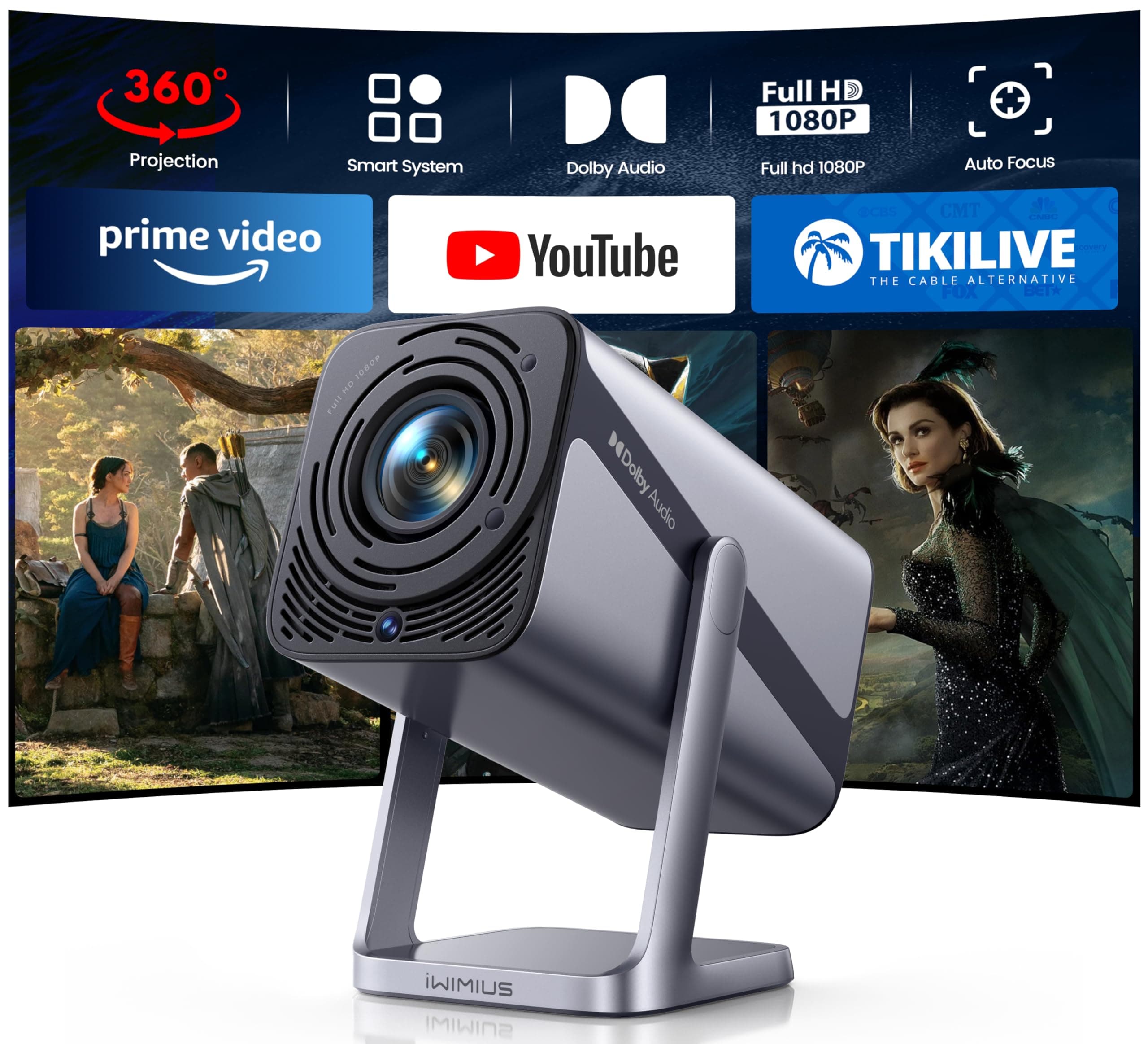 Smart Proyector Portátil 4K con APP/Dolby/Auto Focus&Keystone, Proyector WiFi Bluetooth 1080P Nativo Full HD, Proyectores Compatible con Netflix, Zoom al 50%, Giratorio 360° para Móvil/PC/Cine en Casa