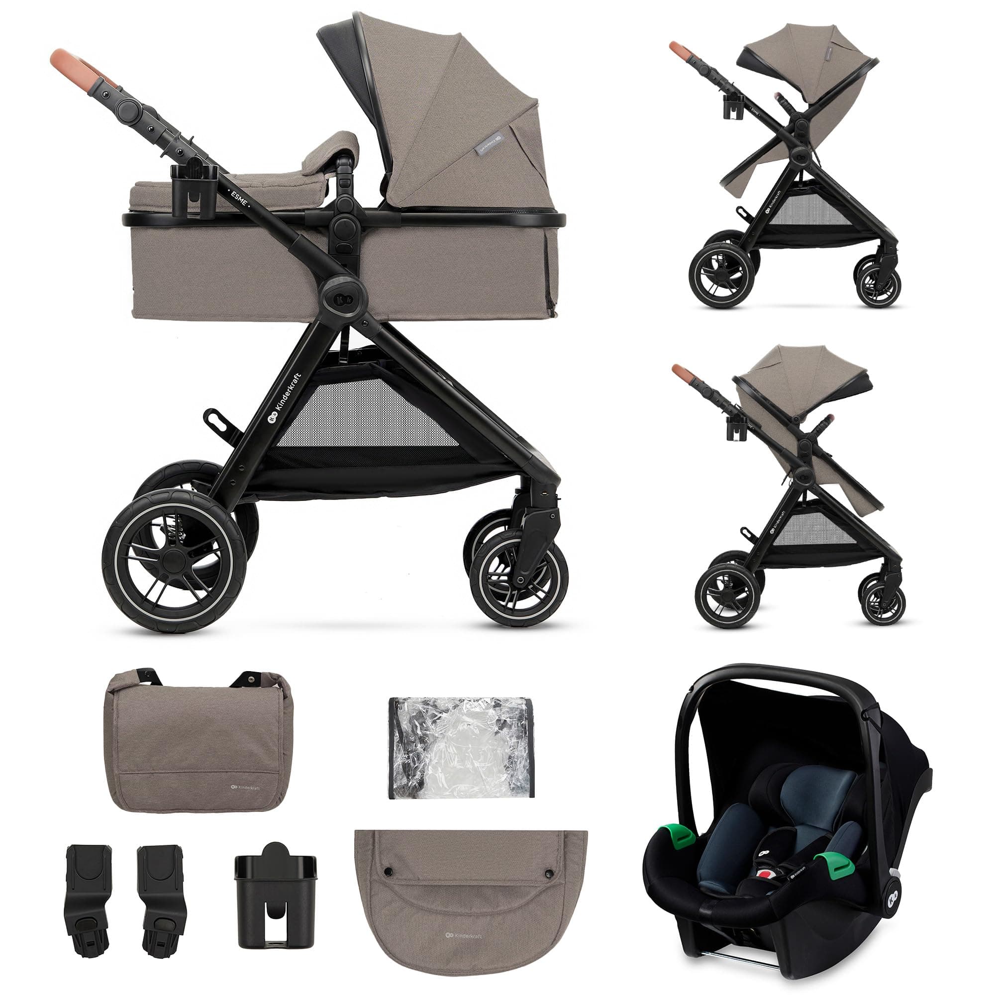 Kinderkraft ESME Poussette 3 en 1 avec porte-bébé Mink PRO I-Size, système de voyage, poussette bébé, poussette pliable, pour nouveau-né jusqu'à 4 ans, Beige