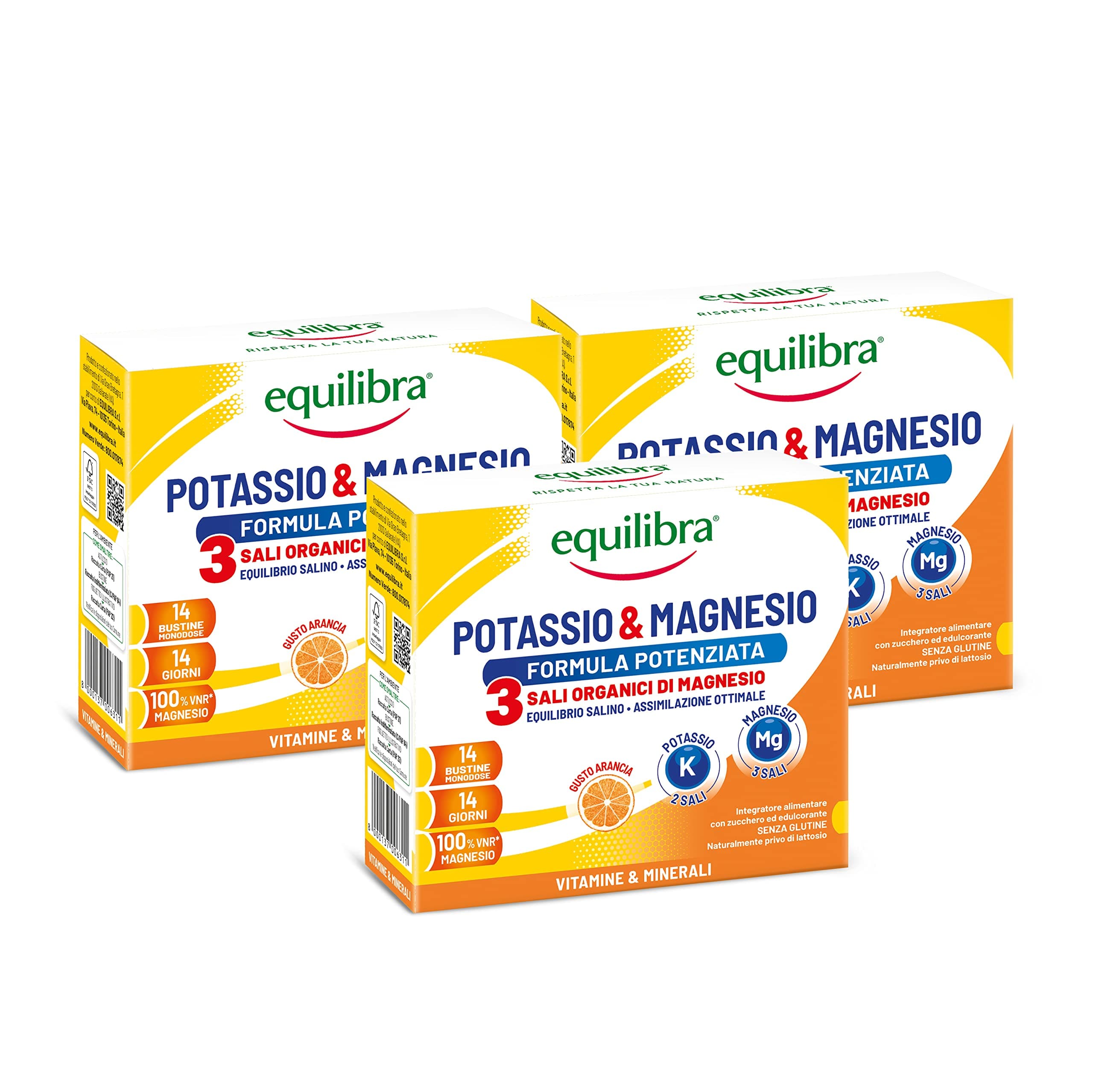 Equilibra Integratori Alimentari, Potassio e Magnesio 3 Formula Potenziata, Integratore Magnesio e Potassio per Reintegro Sali Minerali, Gusto Arancia, Senza Glutine e Lattosio, 3 Pezzi da 14 Bustine