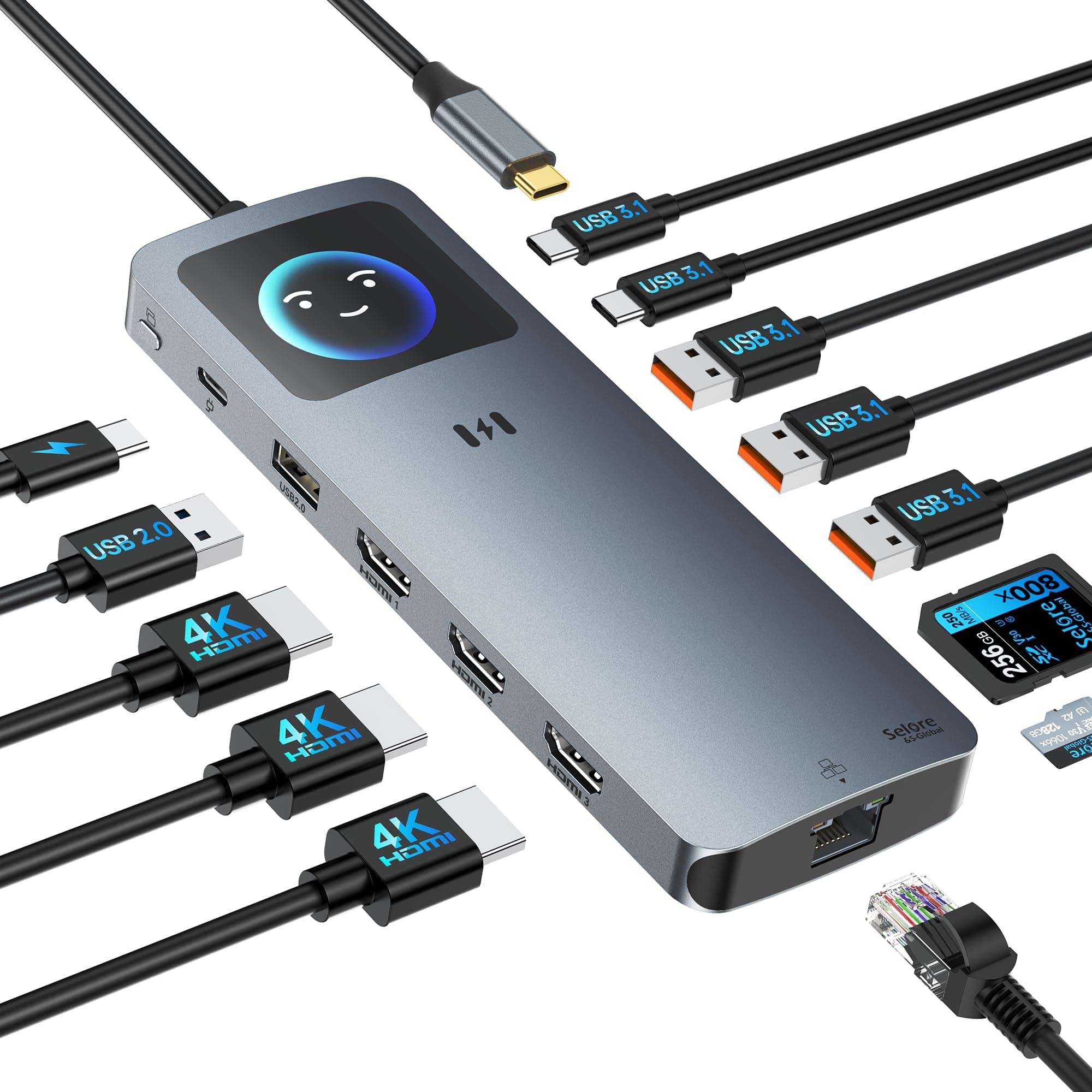 Station d'accueil USB C 3 HDMI pour ordinateur portable 3 moniteurs 13 en 1 Hub USB C Triple écran avec 3 ports HDMI 4 K, Ethernet 2,5 G, PD 100 W, 5 x 10 Gbps USB 3.1, écran intelligent, SD/TF pour